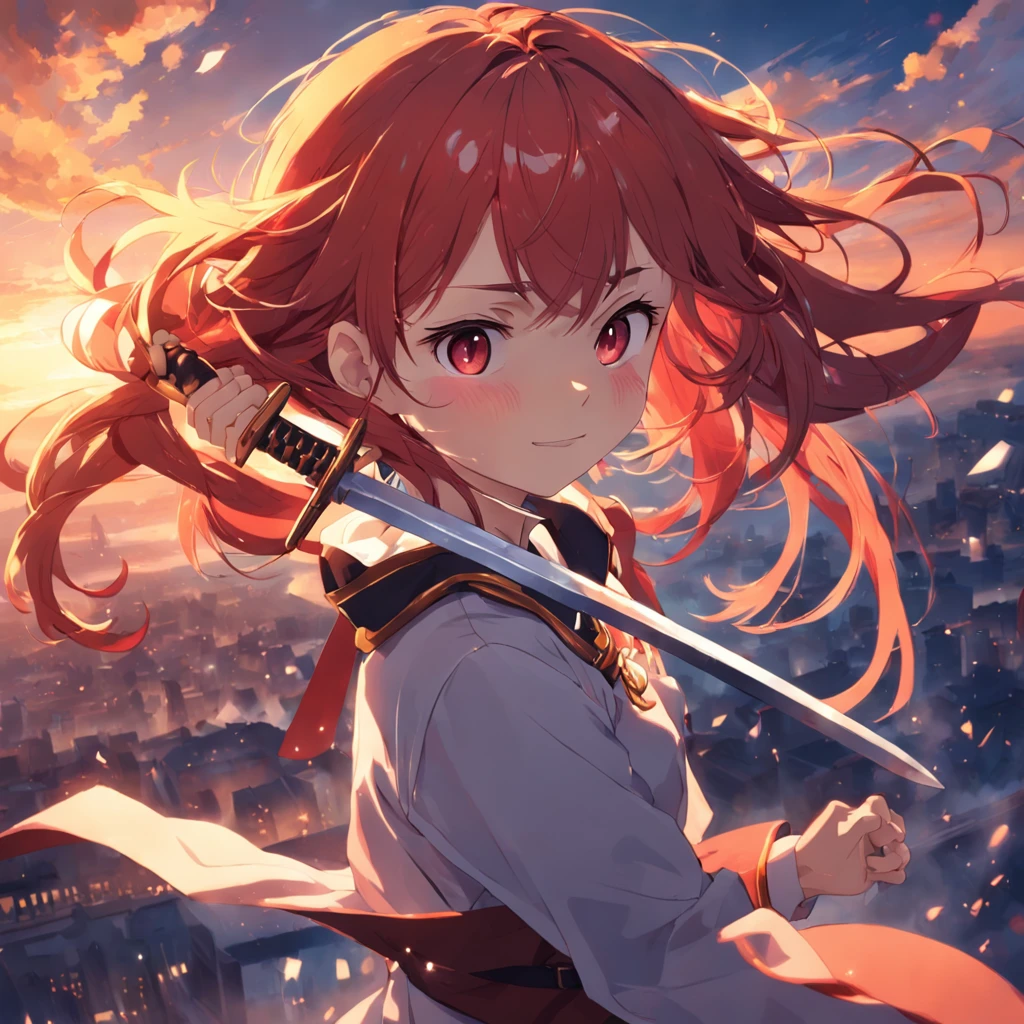 masterpiece, Highest quality, MovieSteel, 1girl, Cloud Girl, Floating in the sky, close-up, Brightness, happiness, Warm soft lighting, sunset, (sparks:0.7),school uniformss, Red-haired, expressionless, Holding a sword.