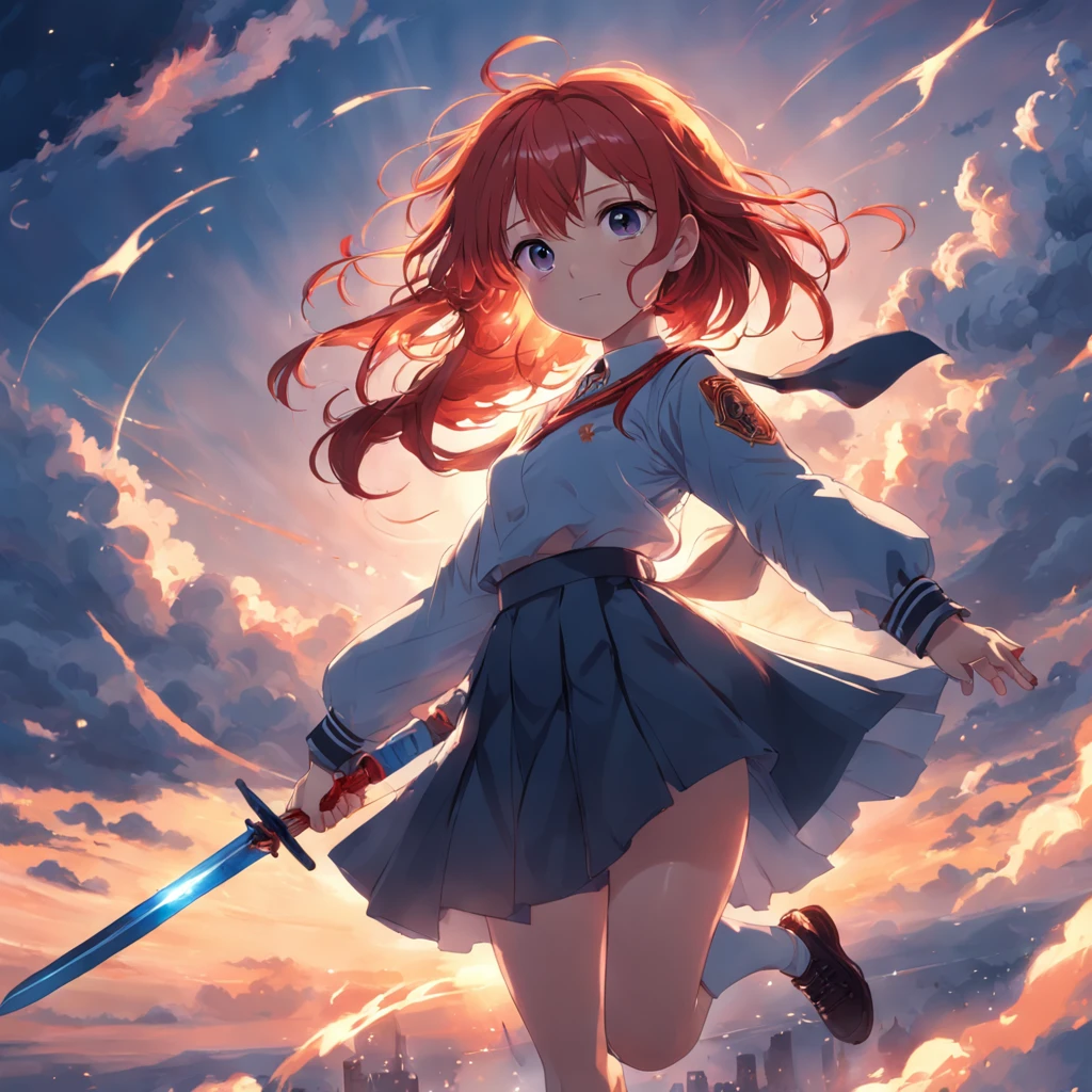 ​masterpiece, Highest quality, MovieSteel, 1girl, Cloud Girl, Floating in the sky, close-up, Brightness, happiness, Warm soft lighting, sunset, (sparks:0.7),school uniformss, Red-haired, expressionless, Holding a sword.