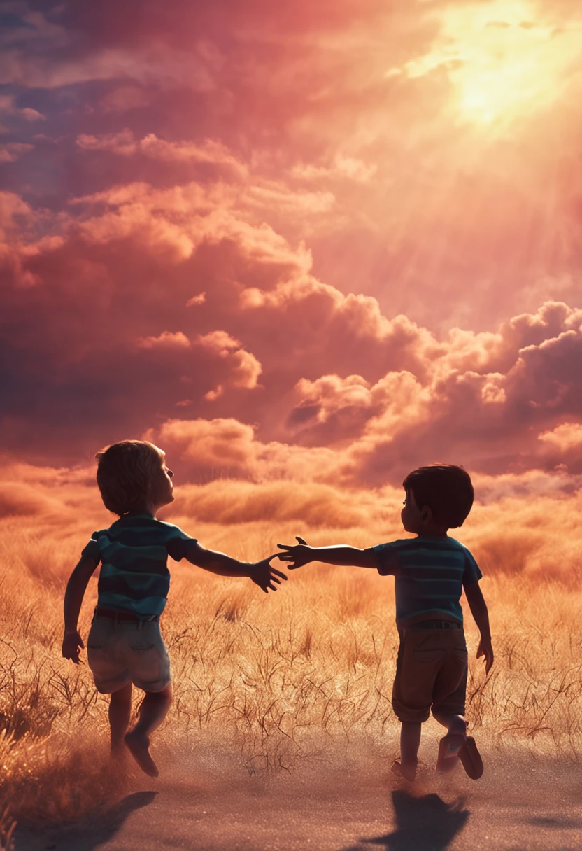 masterpiece, best quality, movie still, 2 boy, shake hand, cute, cat cloud boy, floating in the sky, close-up, bright, happy, warm soft lighting, sunset, (sparks:0.7)
