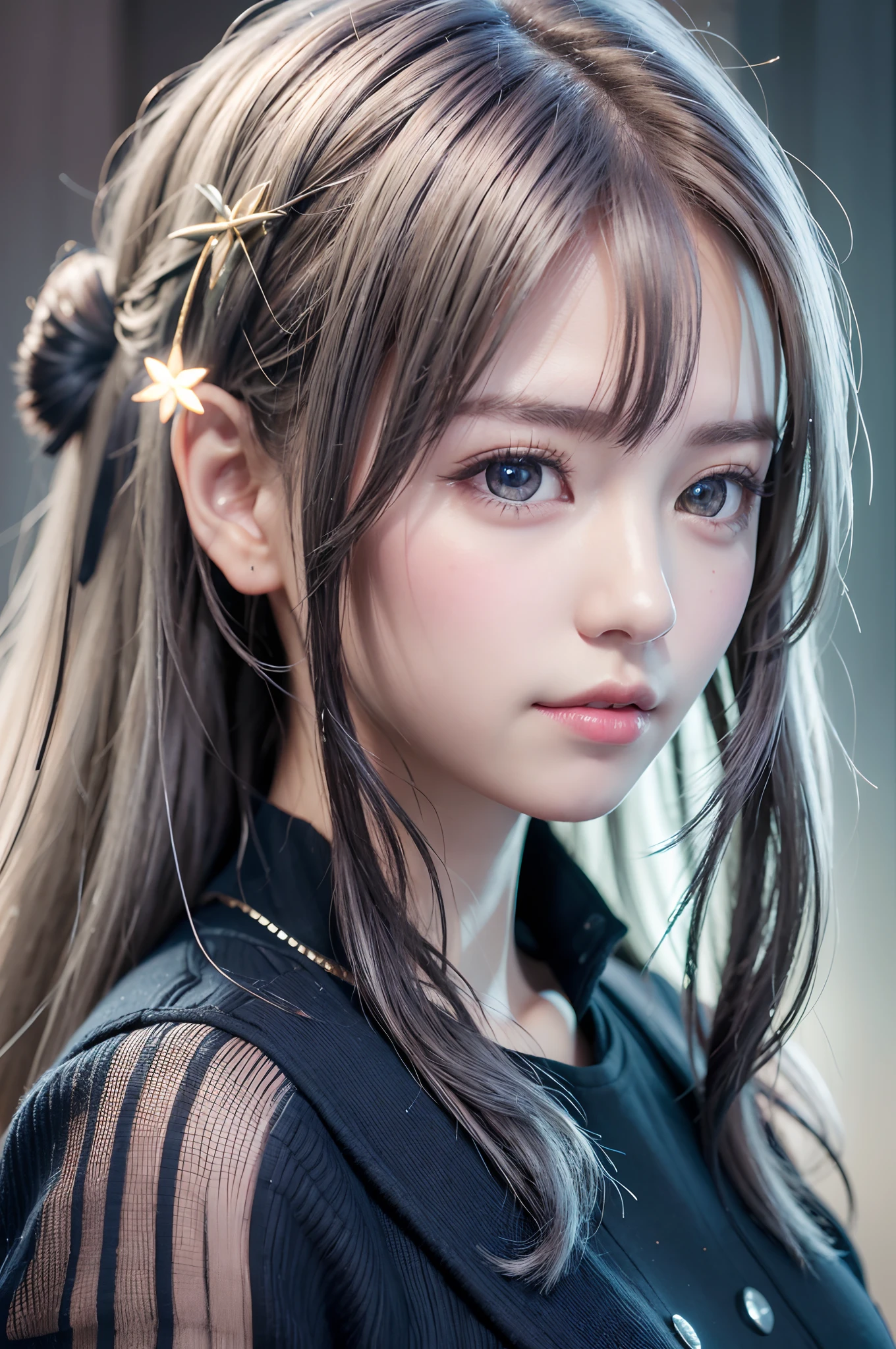 top-quality、8K Masterpiece、超A high resolution、(Photorealsitic:1.3)、Raw photo、1人、silver white hair、poneyTail、glowy skin、1 super beautiful college girl、((super realistic details))、portlate、globalillumination、Shadow、octan render、8K、ultrasharp、highly intricate detail、Realistic light、CGSoation Trends、Beautiful eyes、radiant eyes、Facing the camera、