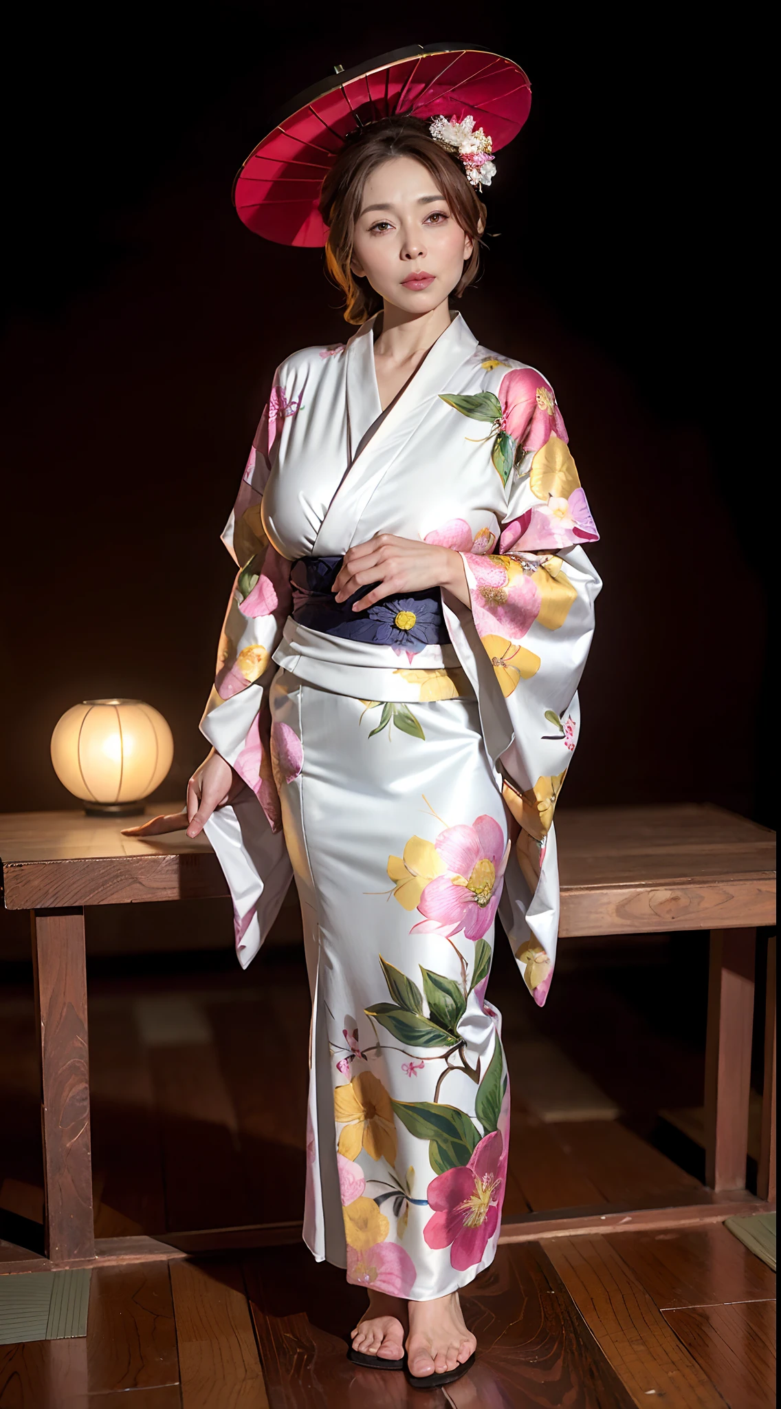 （Front focus)、Surrealist portraits of beautiful mature women by David Hockney and Alphonse Mucha，((Kimono with less fabric))、The kimono that is about to be taken off、Sexy kimono，(((Breasts seem to overflow from the kimono)))、(The chest protrudes from the kimono)、((Crushed kimono))、Decorated with fine jewelry and kimono，Decorated with exquisite embroidery，The kimono is about to tear、Protruding 、(((Japan Woman, 80 years old)))、(((A sexy mature girl)))、queen、(Sexy married woman)、( The girl is exposed)、((Japanese Garden))、terrazzo，Fantasyart，((Short light brown hair))、photographrealistic，dynamic lighting，art stations，poster for，Curvy model, Curvy body, Thick body, (the breasts are large), goddes, Beautiful body, amouranth, big breast size, mais conhecido como Amouranth、Volumetriclighting，extra detailed face，4 k''，((Colossal tits))、Contains diamonds，Sexy thighs，Expose your feet、Exposing the abdomen ,Chest 1 girl, In the dark, deepshadow, low tune, Cowboy shot,(official outfit:1.4), The eyes are confused and seductive，legs separated，old woman,Wrinkles at the corners of the eyes, Oral wrinkles,