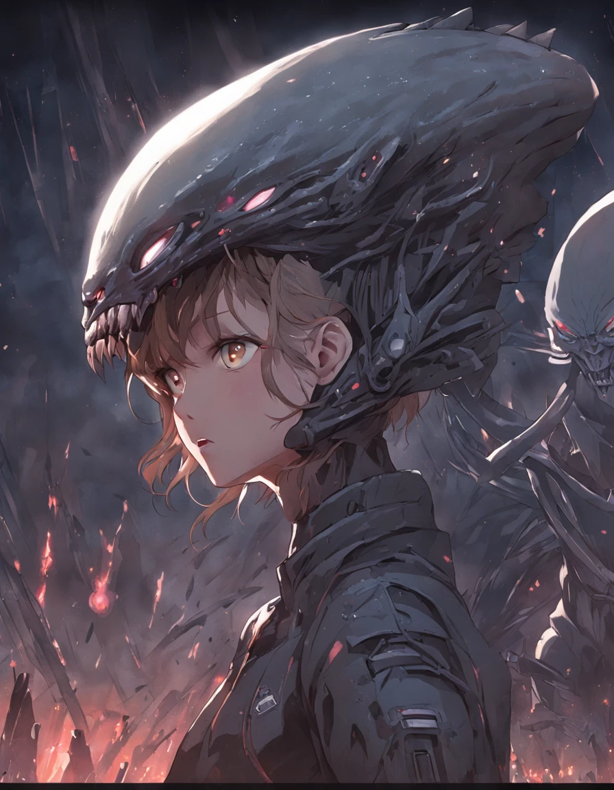 Alien invasion,eerie,tosen,Blood,The city was destroyed,of a real,Facial features are carefully depicted,Realistic skin texture,Dark style,depth of fields,high light,Real light,Ray traching,oc rendered,Hyper-realistic,best qualtiy,8K,Works of masters,super-fine,Detailed pubic hair,Correct anatomy,sharp focus on eyes,Bokeh,Facial features are carefully depicted