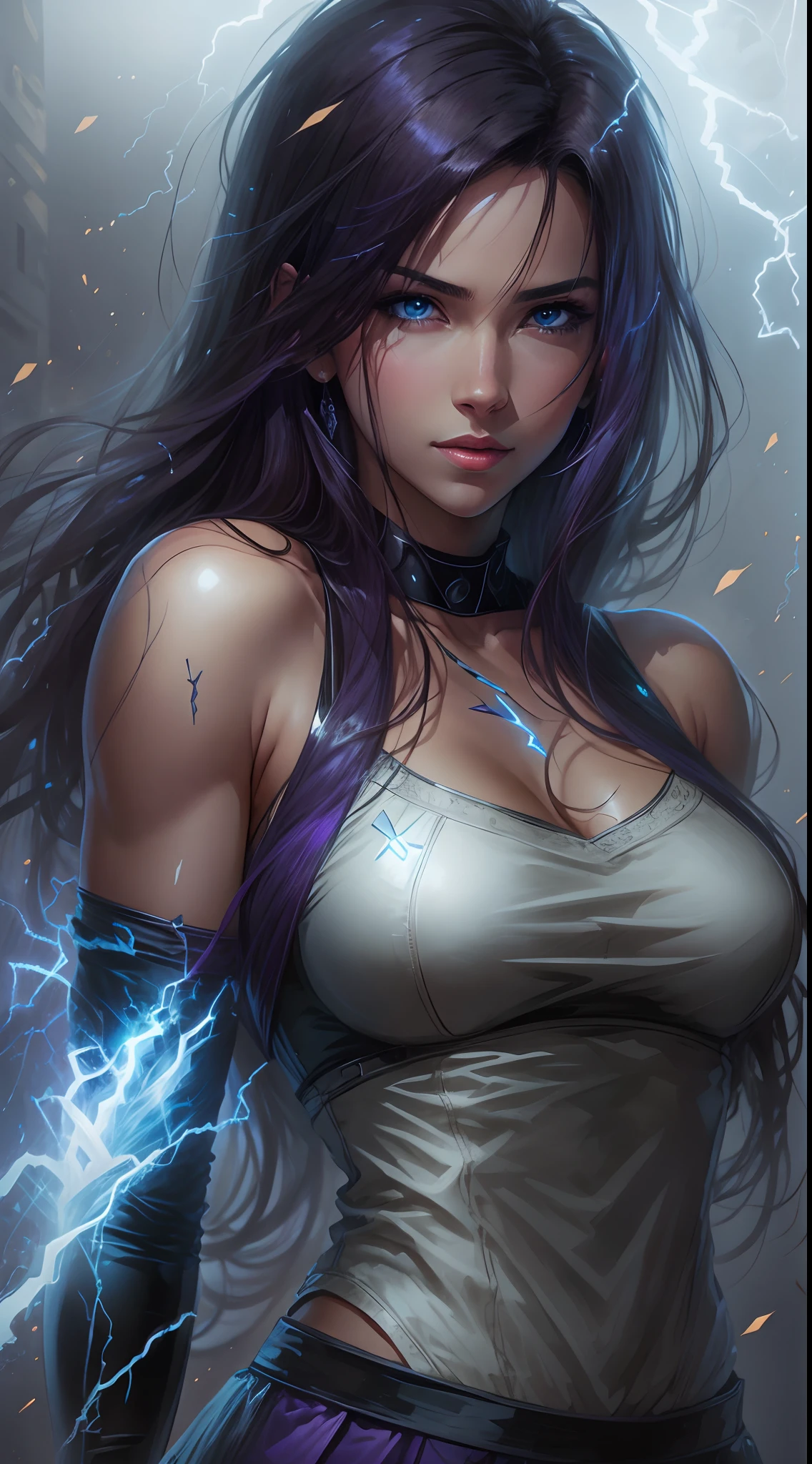 1Beautifulwoman，ff Tifa， X-Men Storm, lightning in hand, a skirt,glowing light eyes