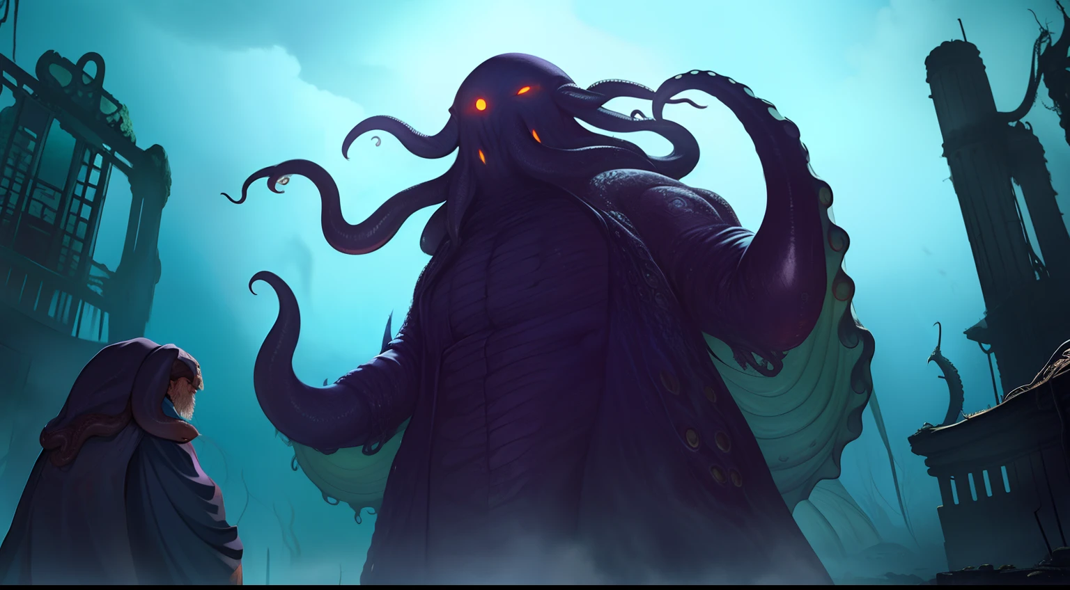 Cthulhu,Monster,(tentaculata:1.35)，A polluted underwater world，Gloomy picture，(Nuclear contamination:1.35)，（face:1.35）,（sarcoma：1.35）