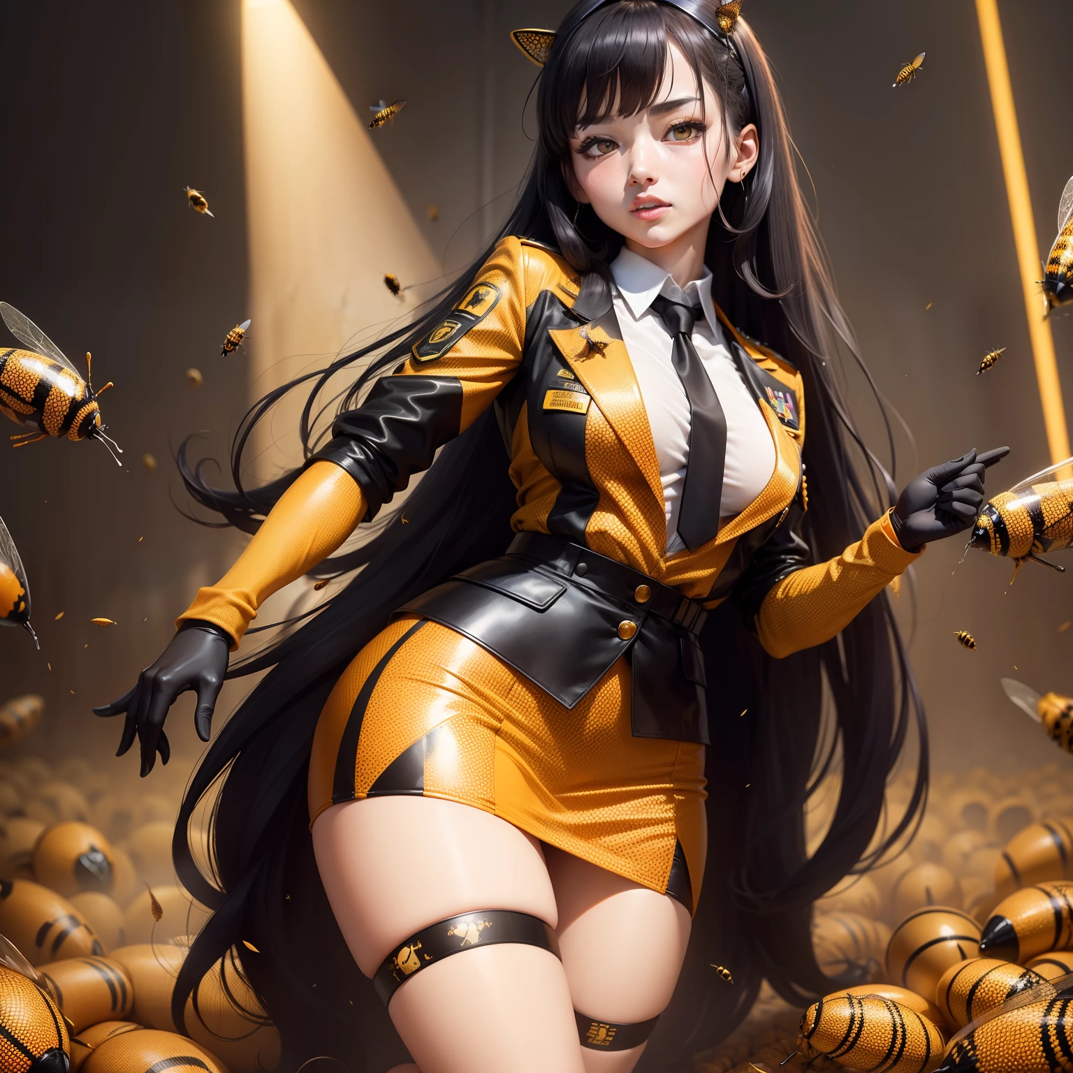 Woman covered with wasps（Military uniform in tight mini skirt、neck tie）、Idol face、cool expression、full body Esbian、Black straight long hair、、tall、fluorescent orange