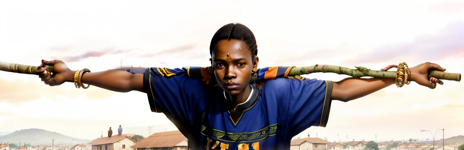 there young handsome African boy holding a branch over his shoulder, young teenage boy with walking stick, (14 years) teenage boy, cute pose, , boy has black hair, aged 13, looking at the camera, , Protective pose, wearing a orange xhosa t-shirt, looking at the Sony camera, brown eyes, the background is from a movie scene, Soweto township background with street light and church behind him, dramatic scene.