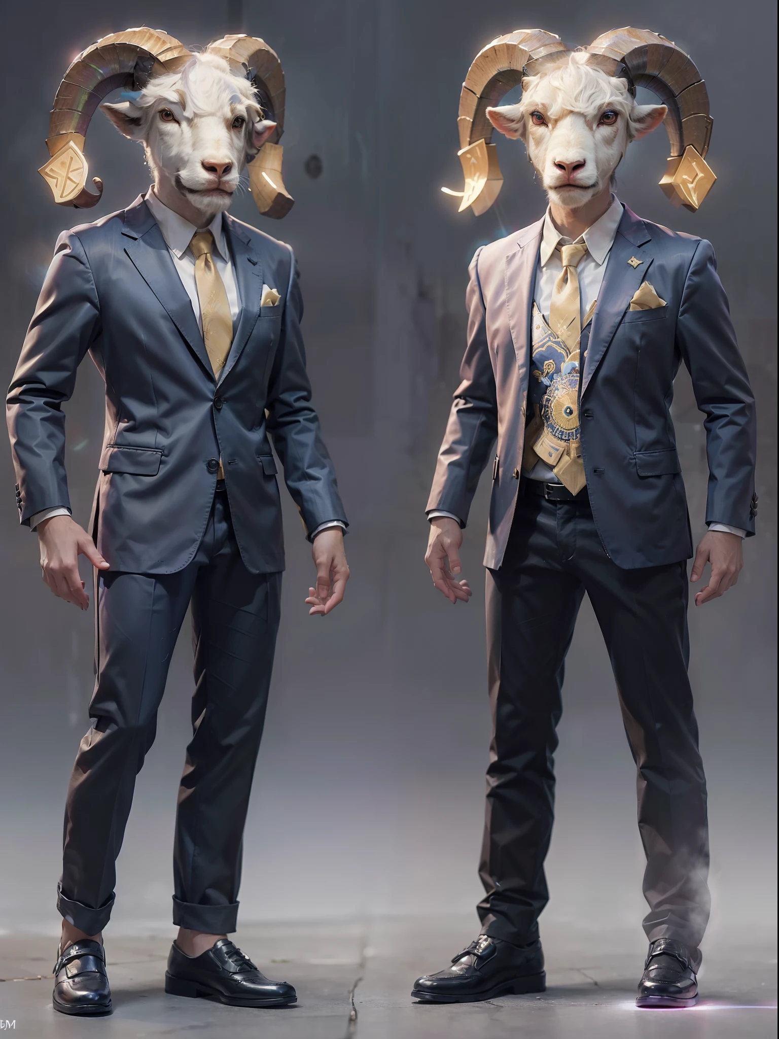 (((fullbody image、Standing posture)))、(Full body ram standing upright in luxury business suit、Humanoid ram、Cool anthropomorphic ram with long legs)、masterpiece, top-quality, in 8K , intricate detailes, ultra-detailliert , light Particle、32K Digital Paint, Hyper-Realism, No background