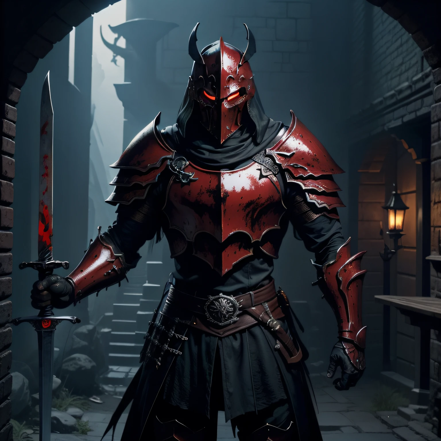 Muscular Black knight holding a giant two handed ??????? sword that is stained with blood, the sword emits a dark aura and is glowing in red color, knight is wearing a metal armor with cool details, location castle hall with blood stained walls and dead bodies, lantern light emit a dark ambient lighting, villanous pose, masterpice, action sequence, 8K photorealistic