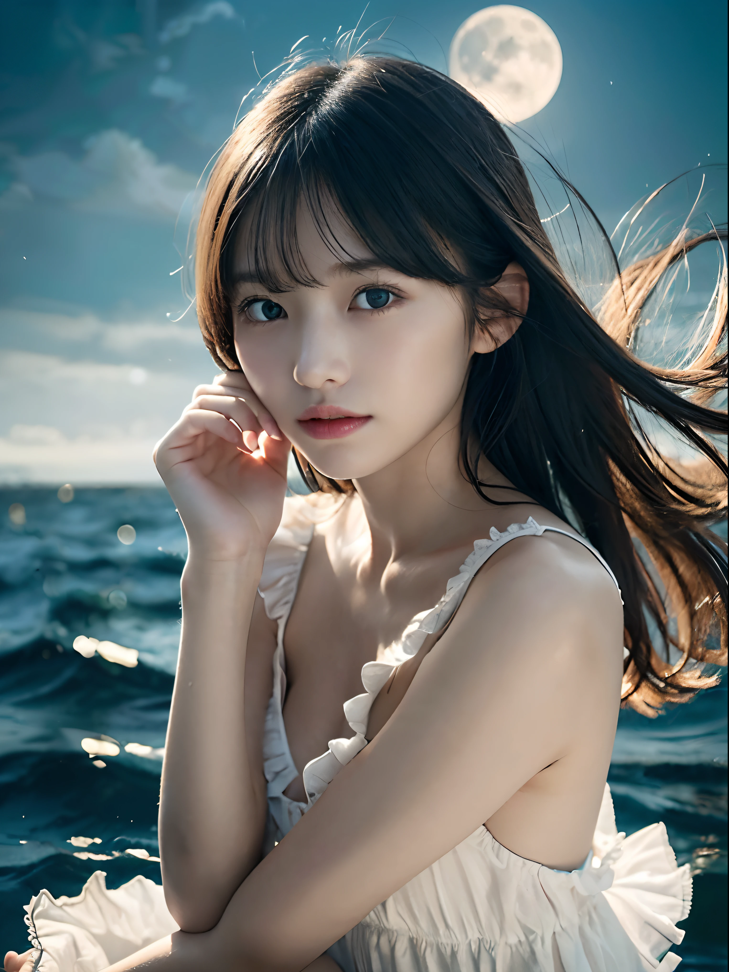 (Close up portrait of little girl with slender small breasts with hair fluttering in the wind in ruffled dress:1.5)、(Girl looking at full moon shining in sea in night sky:1.3)、(Full moon and late night sea :1.3)、(tre anatomically correct:1.3)、(complete hands:1.3)、(complete fingers:1.3)、Photorealsitic、Raw photography、masutepiece、top-quality、Hi-Res、delicate and pretty、face perfect、Beautiful detailed eyes、Fair skin、Real Human Skin、pores、((thin legs))、(Dark hair)