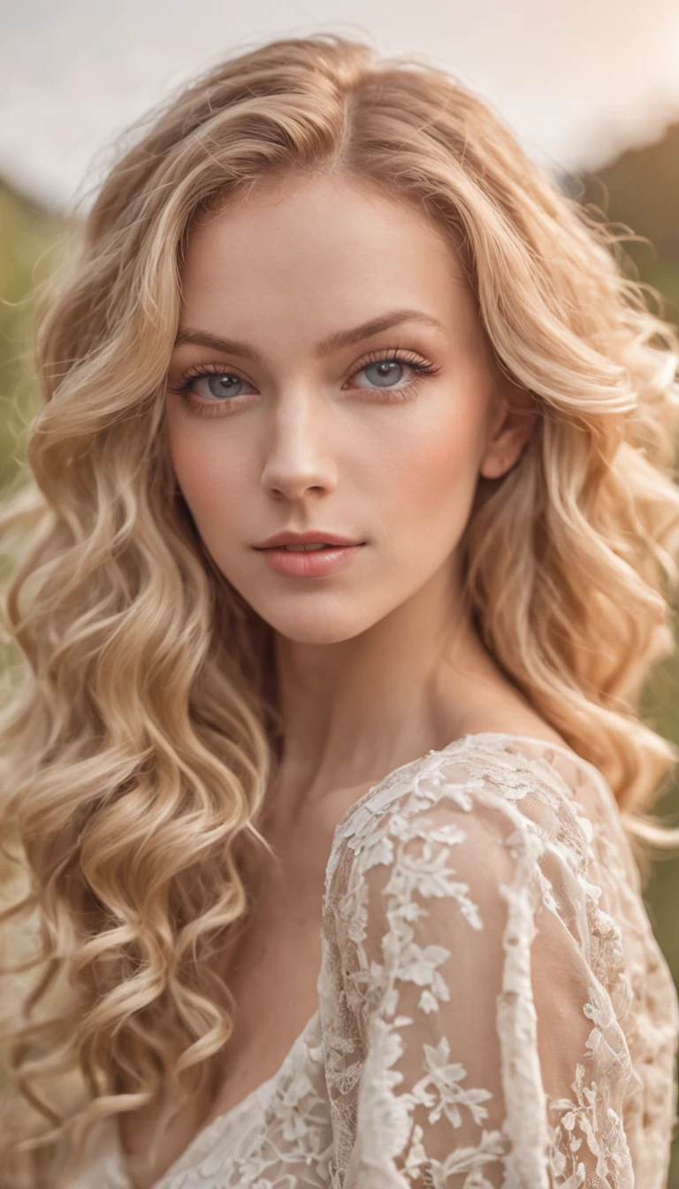 a beautiful blonde woman with curly hair, blue eyes, tanned skin, in summer clothes, beautiful nature scenery, very detailed, very realistic