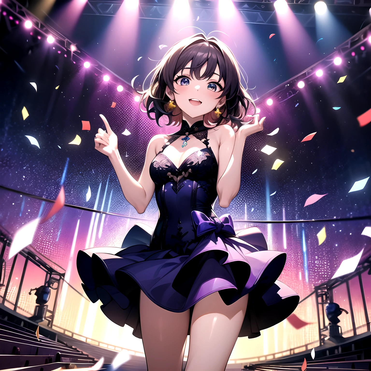 Idol girl in dress dancing on stage with confetti, a photo by Kamagurka, Pixiv Contest Winner, conceptual art, nightcore, splash art anime , sparkling magical girl, best anime 4k konachan wallpaper, anime moe art style, Detailed key anime art, official artwork, idolmaster, Cute, Cute in dress、Hands up、jumpping