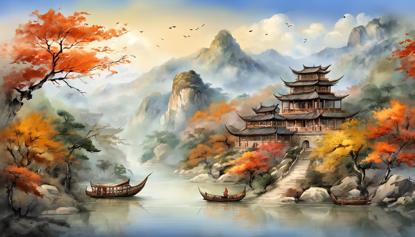 An ancient Chinese painting, ancient Chinese background, mountains, rivers, auspicious clouds, pavilions, sunshine, masterpieces, super detail, epic composition, ultra HD, high quality, extremely detailed, official art, unified 8k wallpaper, Super detail, 32k -- v 6