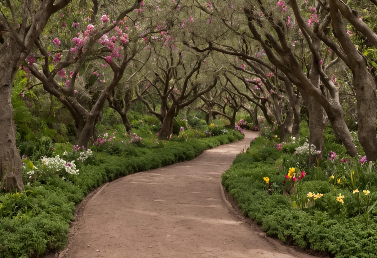 Foto RAW, Melhor, master part, melhor qualidade, alta qualidade, extremamente detalhado, There's an image, estilo disney, From a path through a flowery forest, A blossoming path to heaven, Uma fotografia de um jardim encantado exuberante, um exterior sonhador e borrado , Um belo caminho em uma floresta, leafy trees and colorful flowers, Jardim Secreto, fundo de profundidade de campo, ambiente floral, fundo do jardim, simple way romantic path, arches made of lush vegetation, caminho para uma floresta exuberante, fantasia de fundo da floresta com cachoeiras e quedas de agua, ::n_baixa qualidade, Imperfection, texto, assinatura, boneco, desenho, anime