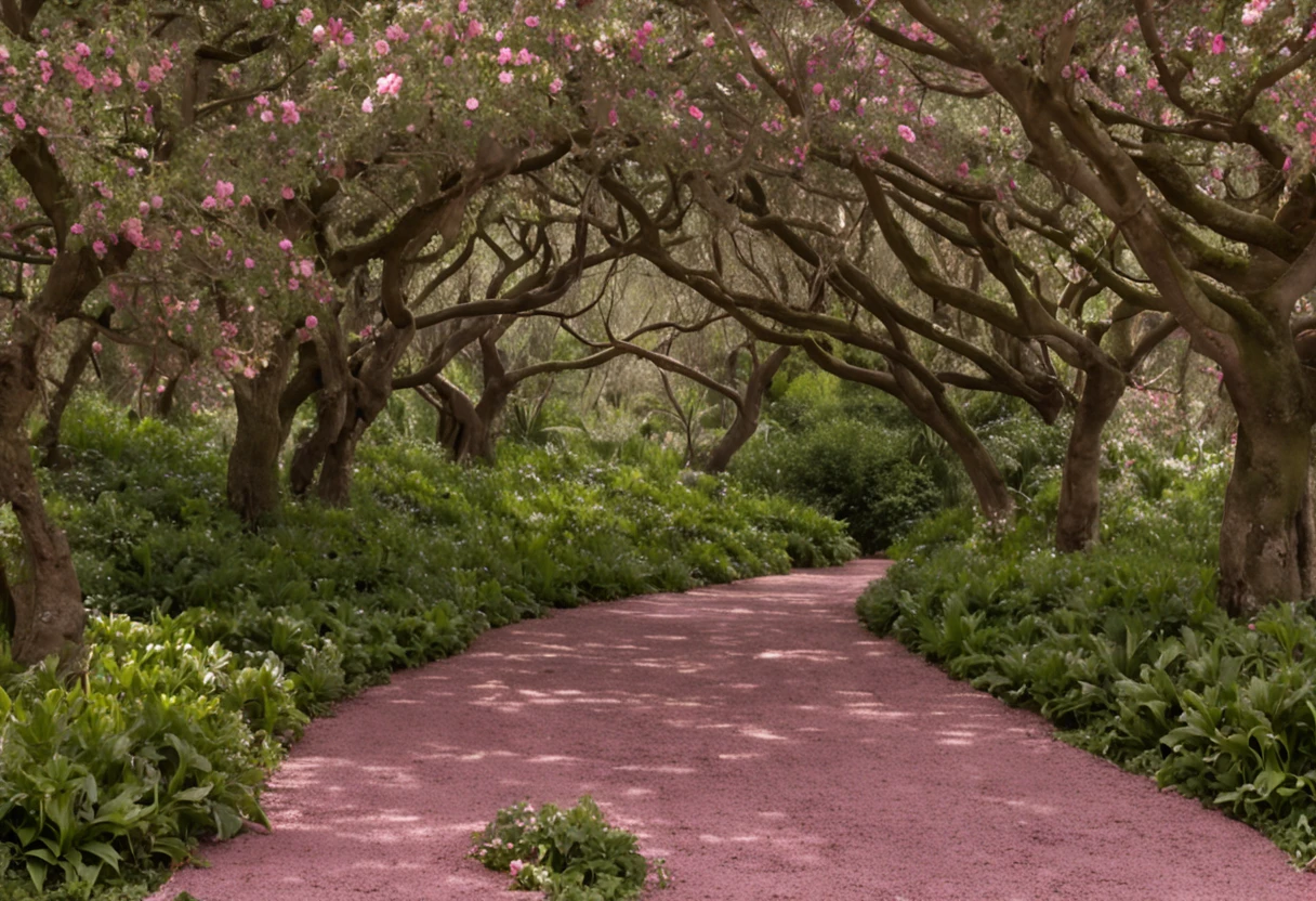 Foto RAW, Melhor, master part, melhor qualidade, alta qualidade, extremamente detalhado, There's an image, estilo disney, From a path through a flowery forest, A blossoming path to heaven, Uma fotografia de um jardim encantado exuberante, um exterior sonhador e borrado , Um belo caminho em uma floresta, leafy trees and colorful flowers, Jardim Secreto, fundo de profundidade de campo, ambiente floral, fundo do jardim, simple way romantic path, arches made of lush vegetation, caminho para uma floresta exuberante, fantasia de fundo da floresta com cachoeiras e quedas de agua, ::n_baixa qualidade, Imperfection, texto, assinatura, boneco, desenho, anime