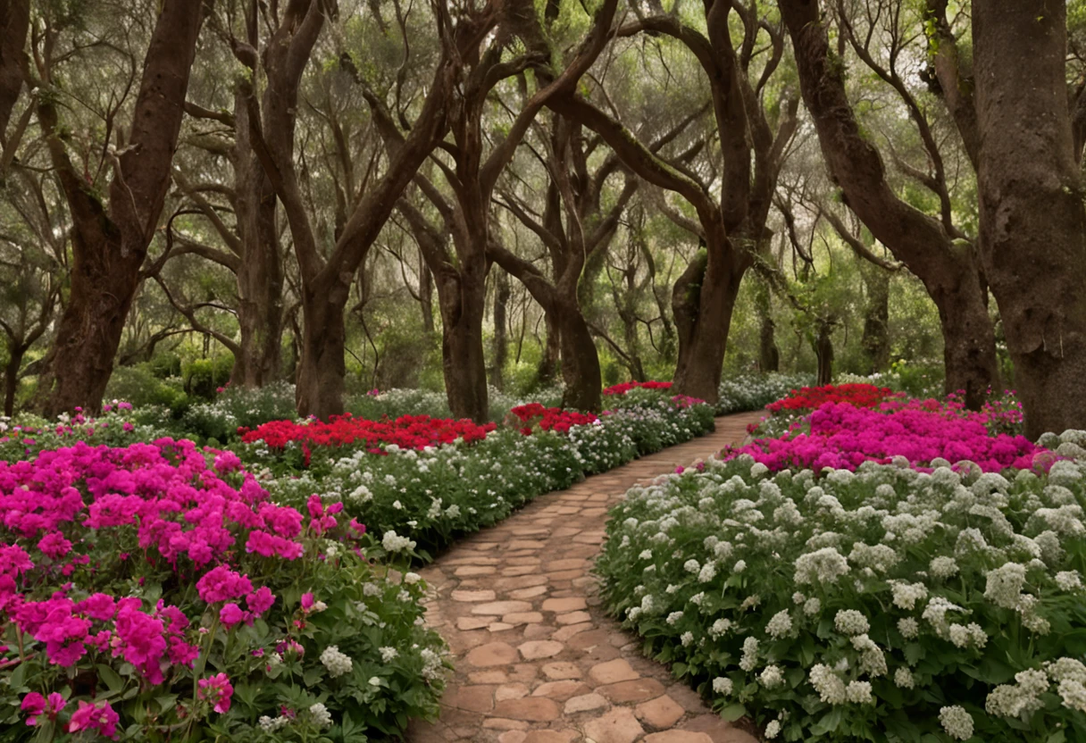 Foto RAW, Melhor, master part, melhor qualidade, alta qualidade, extremamente detalhado, There's an image, estilo disney, From a path through a flowery forest, A blossoming path to heaven, Uma fotografia de um jardim encantado exuberante, um exterior sonhador e borrado , Um belo caminho em uma floresta, leafy trees and colorful flowers, Jardim Secreto, fundo de profundidade de campo, ambiente floral, fundo do jardim, simple way romantic path, arches made of lush vegetation, caminho para uma floresta exuberante, fantasia de fundo da floresta com cachoeiras e quedas de agua, ::n_baixa qualidade, Imperfection, texto, assinatura, boneco, desenho, anime