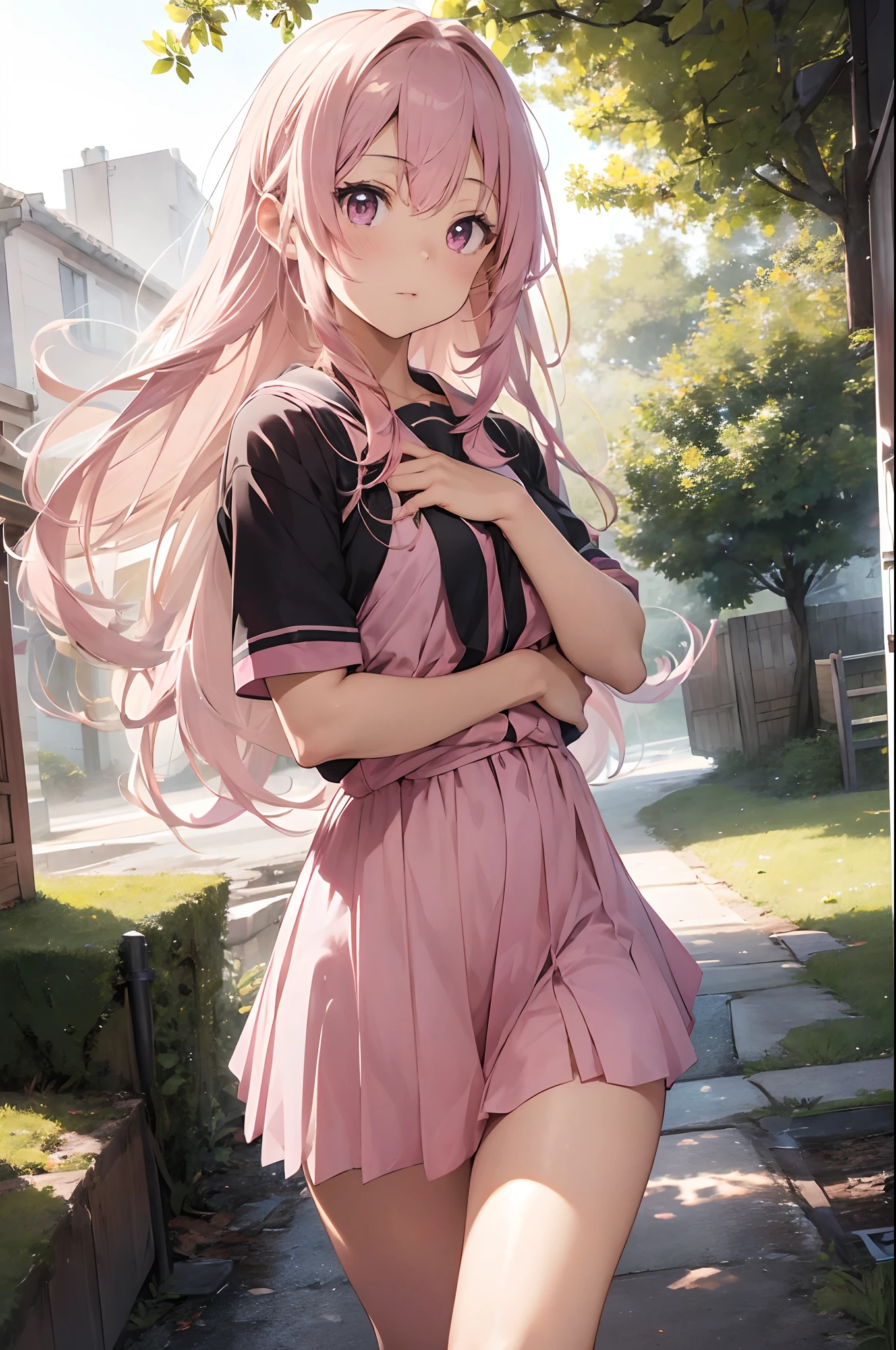 Focus on the person. (((pink clothes))), ((pink image background)), We create and express the best shining composition of the person. ((Masterpiece)), (((highest quality)))), ((pink eyes)), (((pink hair))), (Highly detailed CG illustrations), (Very delicate and beautiful), Girls as masterpieces, highest quality, realistic skin, realistic fabrics, realist illustrations focusing on girls with realistic and ultra-detailed eyes in the center front. This is the absolute rule, and the following sentence expresses the image quality. It is the greatest masterpiece in the history of the class of Inuitsuki Ichigo, in which the owner of the greatest painting talent in human history met an unparalleled beauty and risked his life to depict the most beautiful figure. Create stunning anime artwork that is currently trending on seaStation, showcasing exquisite beauty and captivating aesthetics. Envision a scene where a ite Japanese high school girl, with a youthful face and clear pink eyes, is lying on a grassy hill under a starry sky in the world of "Princess Mononoke". The pink grass rustles softly in the wind, the sound of nature providing a soothing soundtrack. Her dynamite body and finely textured skin glow under the pink moonlight. Her pink clothes and pink accessories, (pink hair), ((pink eyes)), realistically depicted, change according to the fabric material. The stars twinkle in the pink sky, adding a touch of realism to the scene. This image captures a miraculous moment in her life as she bravely lives in this different world. The image should be hyper-realistic, highly detailed, and in high-resolution 16k. Use a Sony Alpha 1 Mirrorless Camera with a Sony FE 24-105mm f/4 G OSS lens. Set the ISO sensitivity to 32,000 and the shutter speed to 1/125 second. The image should be framed in such a way that the girl is in the center, with the vast starry sky above and the rolling hills of "Princess Mononoke" in the background. --ar 16:9 --v 5.1 --style raw --q 2 --s 750