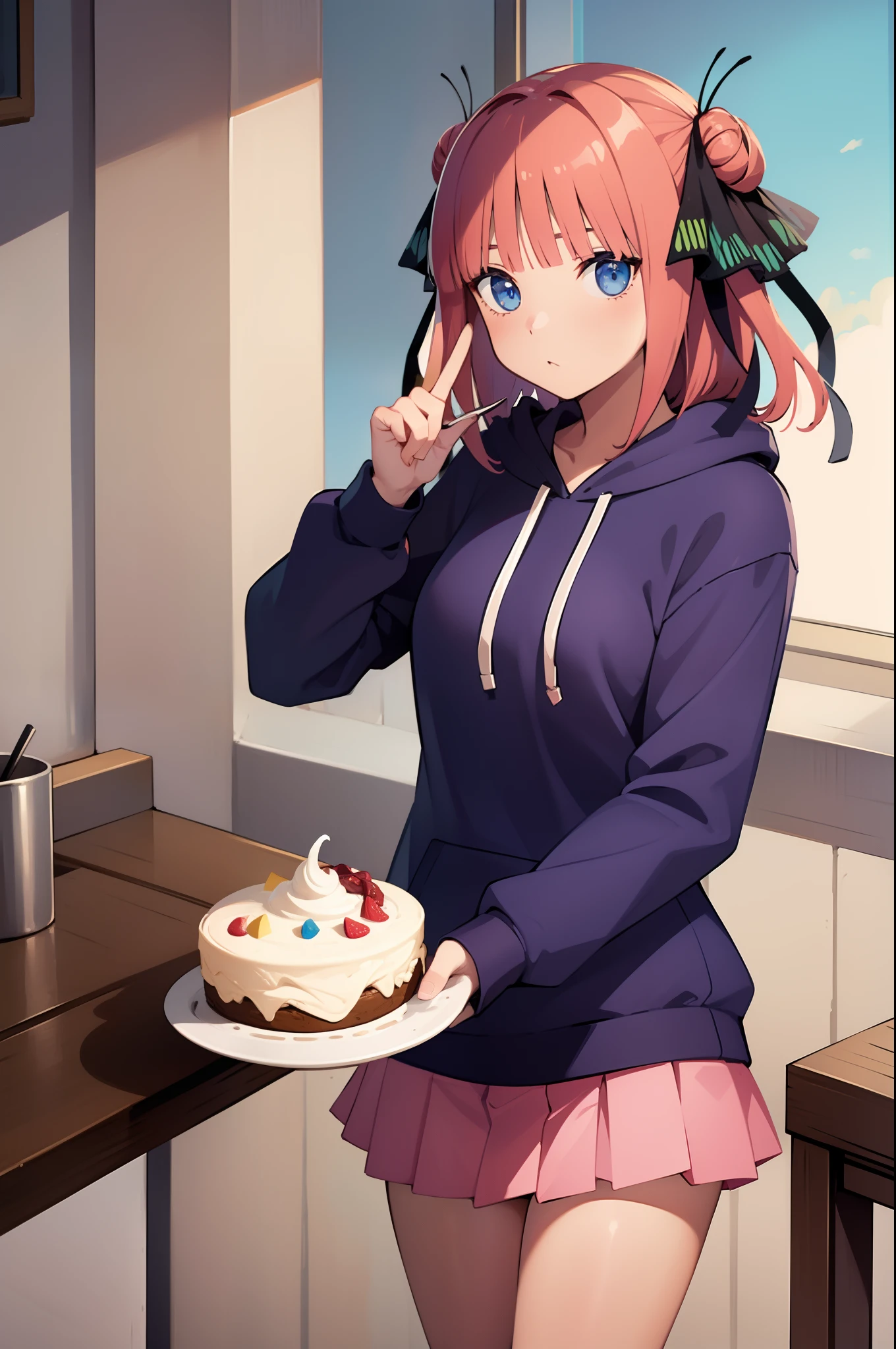 Highly detailed, High Quality, Masterpiece, beautiful, 1girl, solo, BubblesDandonfuga, blue eyes, hair buns, toned, tan, pink hair, edgNoire, hoodie, ([black dress, short skirt|hoodie]::0.5),