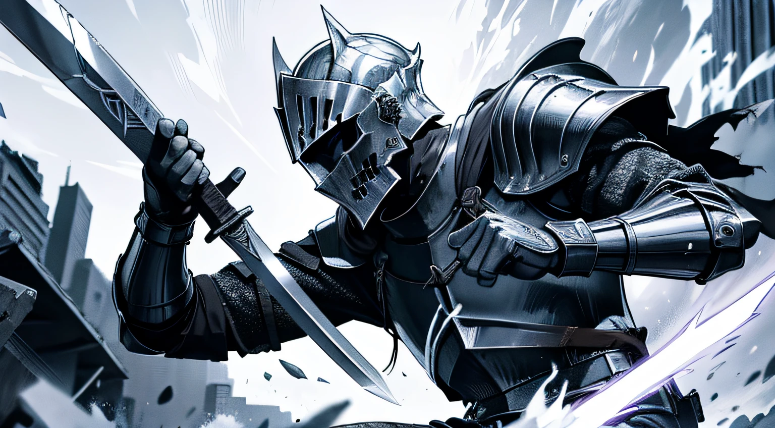 "A fierce and heroic knight sheathing his sword, with dynamic manga-style linework and shading, creating a dramatic and intense manga panel"