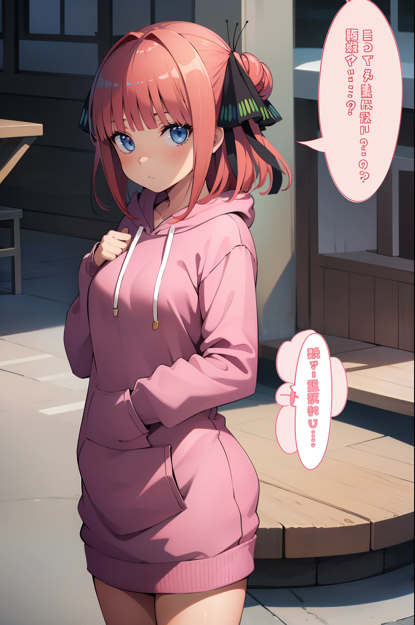 ((NEGATIVE_HAND,NEGATIVE_HAND-NEG)), Kobayashi, blushing, frown,  (Bust size very very small.)),  (flat chest:1.2), Posando avergonzada, kawaii, Naked Hoodie