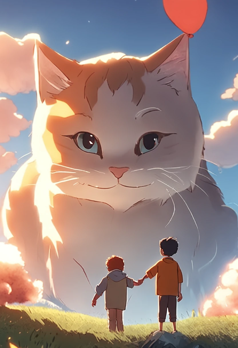 masterpiece, best quality, movie still, 1 boy, shake hand, cute, cat cloud boy, floating in the sky, close-up, bright, happy, warm soft lighting, ghibli style, anime, book, sunset, (sparks:0.7)