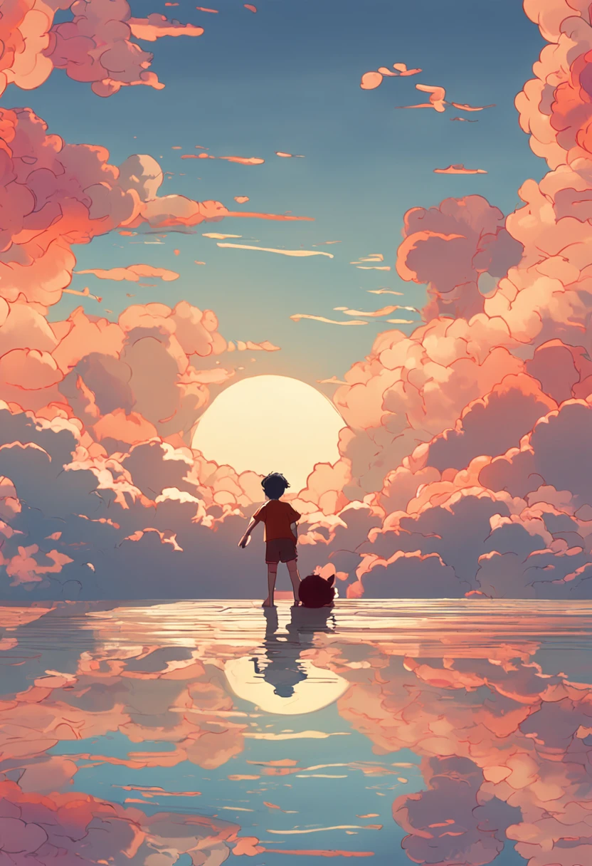 masterpiece, best quality, movie still, 1 boy, shake hand, cute, cat cloud boy, floating in the sky, close-up, bright, happy, warm soft lighting, ghibli style, anime, book, sunset, (sparks:0.7)