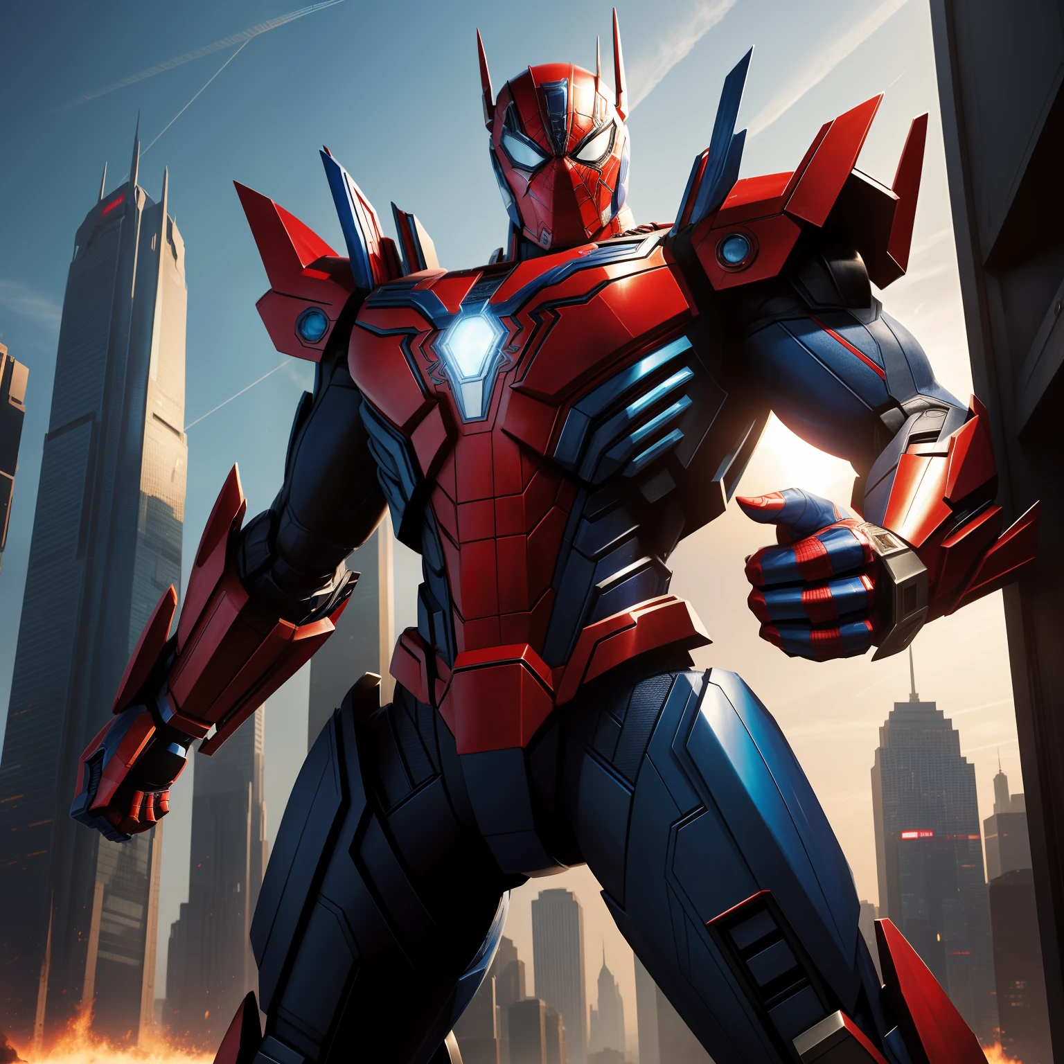 "An artistic fusion of Spiderman and Optimus Prime, resulting in a unique and iconic character. The art style combines Spiderman's dynamic and agile design with the powerful presence of Optimus Prime. The character stands tall against a backdrop of a futuristic cityscape, radiating strength and heroism. The fusion design integrates Spiderman's red and blue colors, web patterns, and emblem into Optimus Prime's robotic form. This image draws inspiration from both Marvel and Transformers aesthetics, creating a seamless blend of superhero and robotic elements. The camera angle captures the fusion character in a commanding pose. The render style combines metallic textures, vibrant colors, and dramatic lighting to emphasize the heroic transformation."