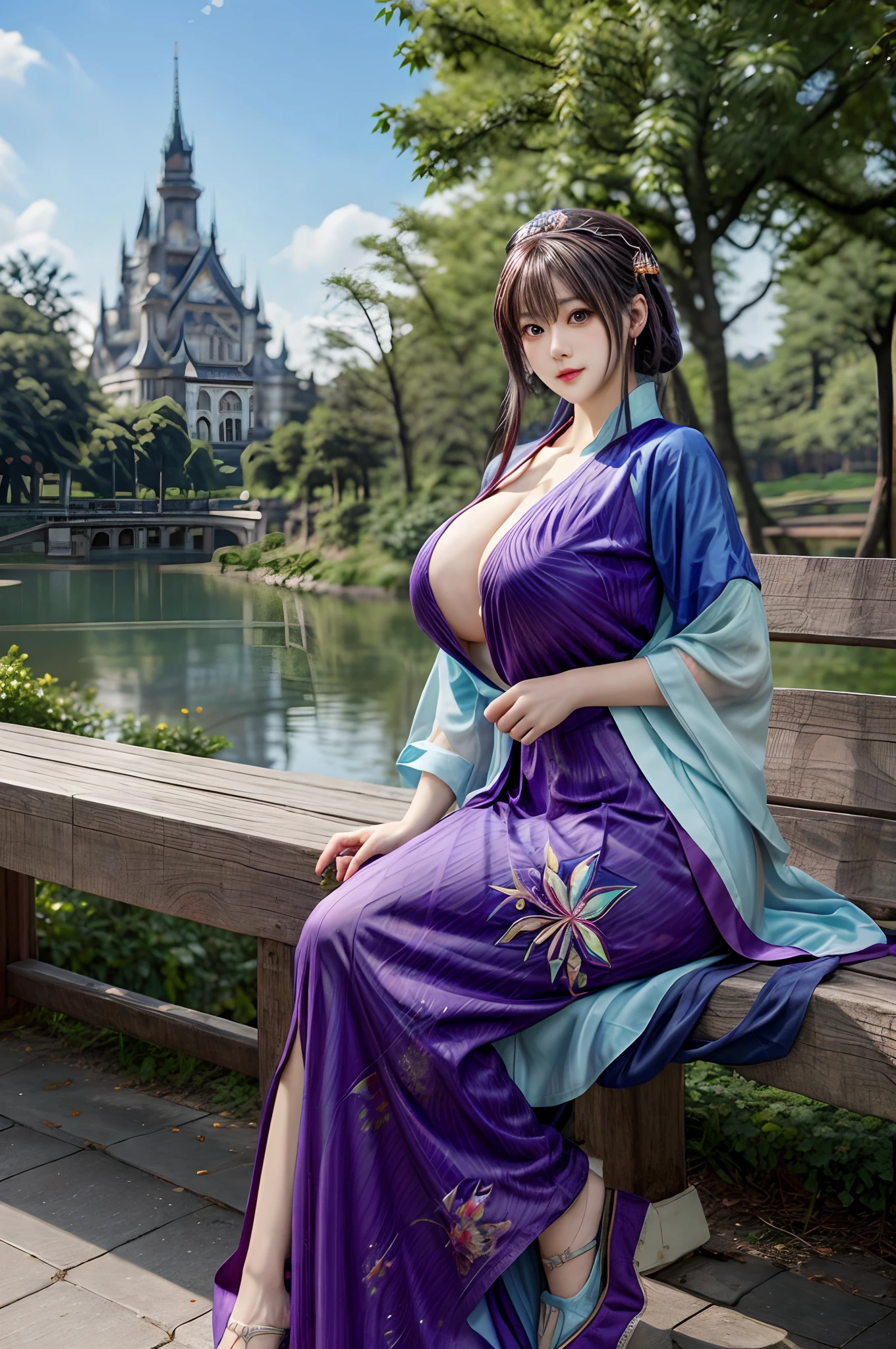 Anime girl in purple dress sitting on bench,(((huge tit)))，The background is a castle, Extremely detailed Artgerm, trending on cgstation, beautiful and seductive anime woman, (((huge tit)))，a beautiful fantasy empress, (((huge tit)))，full-body xianxia, Anime goddess,(((huge tit)))， ((a beautiful fantasy empress)), Smooth anime CG art, IG model | Art germ, Ruan Jia and Artgerm