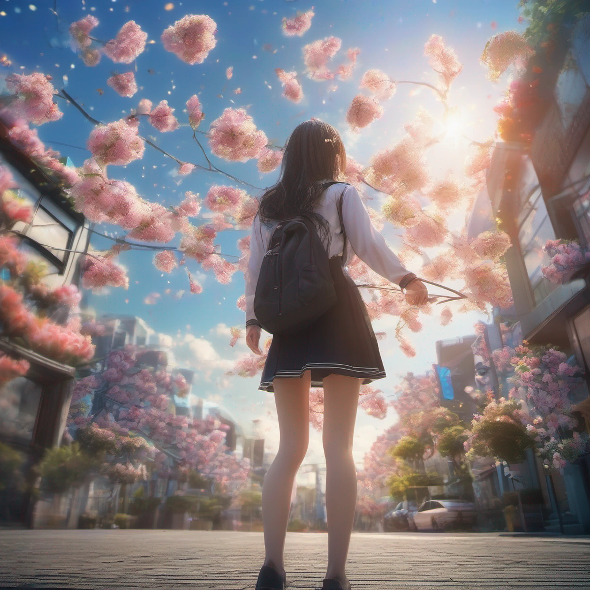 ccurate, best quality, masterpiece, UHD, high details, award winning, (Amazing:2.0), (Surrealism), Conceptual art, Verism, cinematic lighting, floating island in the sky, (((beautiful tokyo street))), Horizon, blue sky, paradise scenery, flowers, wind flow, (((fantasy))), frontier, (magnificent space), blurry foreground, bokeh, Hasselblad, lens flare, beautiful school girl, (17 yr old), ((((full body)))), from behind, she moving, without looking at me, (((wearing school uniform))), black eyes, black hair, (floating hair), ((8 life size)), detailed hairstyles, detailed bodyline, anatomically correct, cute face, ((accurately portray her)),