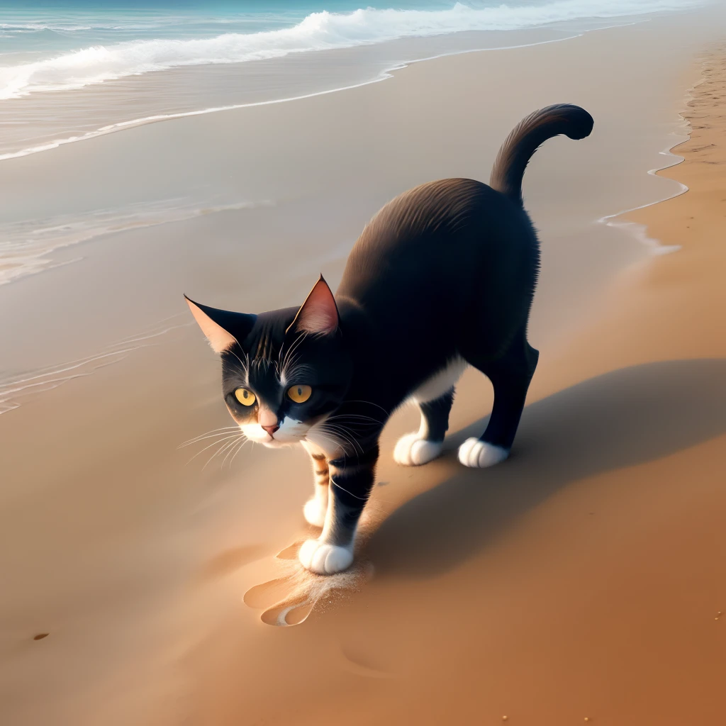 A black-haired naked girl stands on the beach and looks back. Next to her is a small black kitten with horns and a tail like a demon