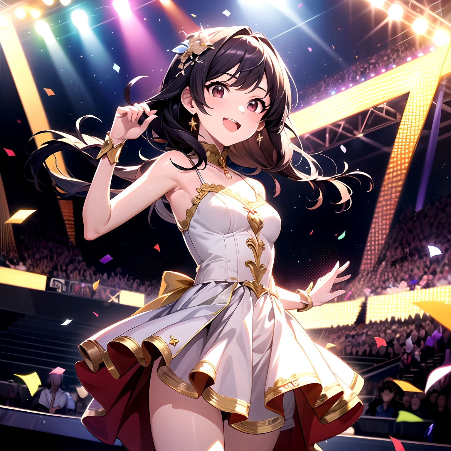 Idol girl in dress dancing on stage with confetti, a photo by Kamagurka, Pixiv Contest Winner, conceptual art, nightcore, splash art anime loli, sparkling magical girl, best anime 4k konachan wallpaper, anime moe art style, Detailed key anime art, official artwork, idolmaster, Cute, Cute in dress、Hands up、jumpping