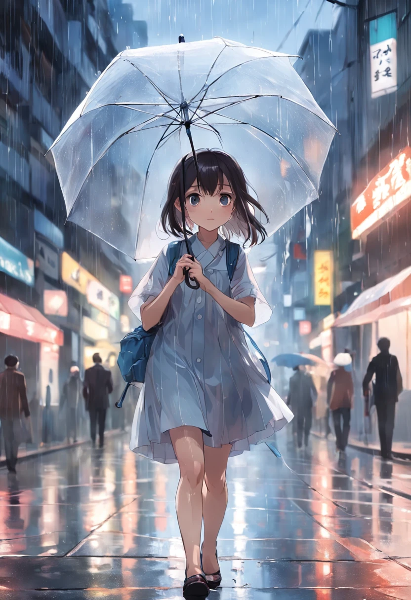 We can see a young girl，She wore a light dress，Carrying a small bag，The slender hair flutters with the breeze。She has a beautiful face，The eyes are clear and bright。

The girl was holding a special umbrella，This umbrella is transparent，Without any frills，The umbrella surface is wide and rounded。On busy streets full of people，Her figure is different。

The streets are lined with passers-by hurrying by，Wear a variety of costumes，Busy getting things done。Someone rushed to the office，Someone rushed to school with school bags。These people came and went around her，As if forming a raucous backdrop。

Sin embargo，In this noisy environment，The girl is different。She kept her pace calm，Under the umbrella, she seems to have entered a separate space。The transparent raindrops on the umbrella surface swayed as she moved，It's like sparkling ripples on the surface of the water。

There was no tiredness on the girl's face，Instead, it exudes serenity and firmness。Her eyes reveal inner thinking and depth。Maybe she's looking for her direction，Perhaps she was thinking about the meaning of life。

In this picture, a girl holding a transparent umbrella walks at the junction of people，It shows a kind of solitude and calmness that is different，At the same time, it also sketches a charming picture of youth。
