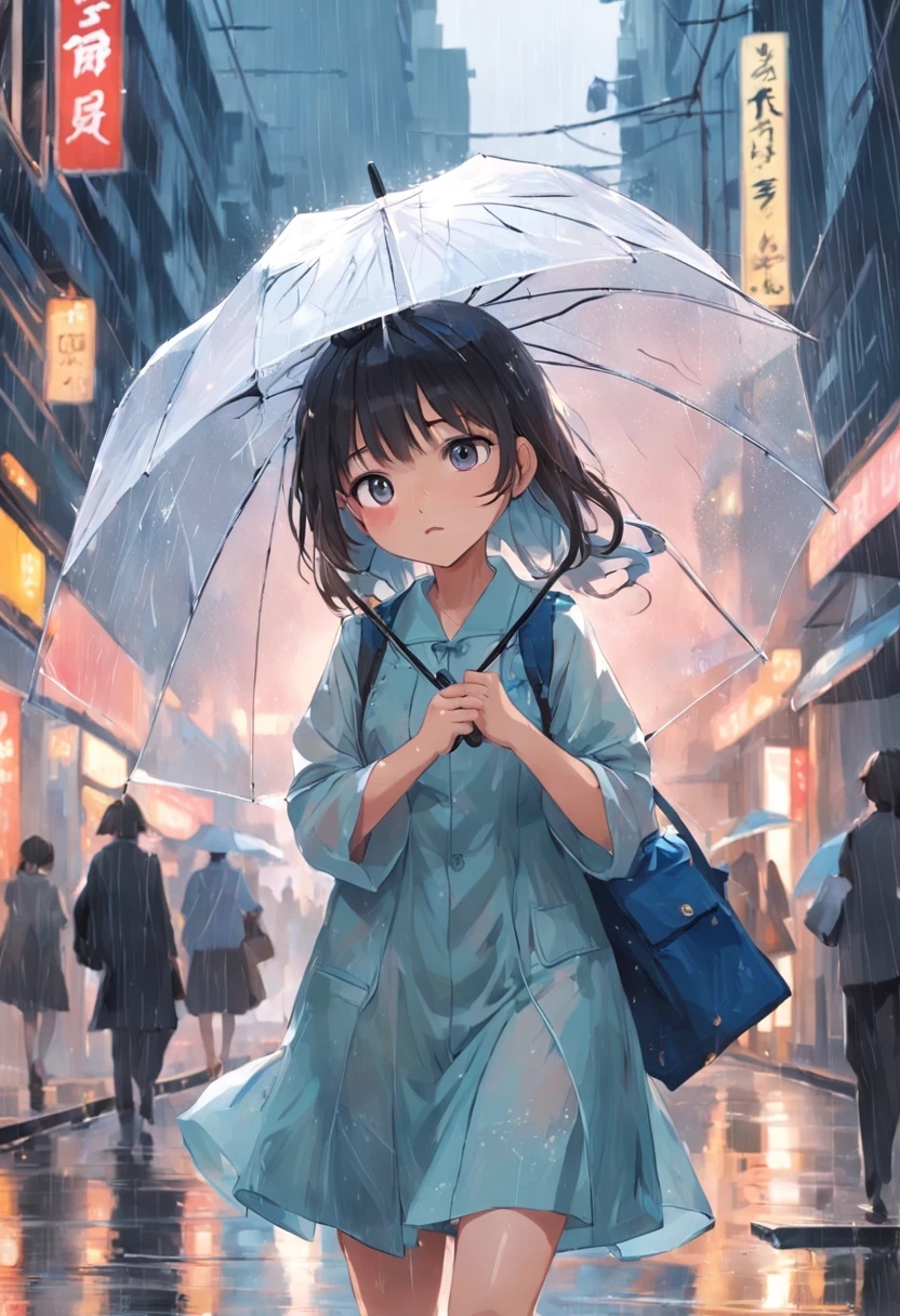 We can see a young girl，She wore a lingerie，Carrying a small bag，The slender hair flutters with the breeze。She has a beautiful face，The eyes are clear and bright。 The girl was holding a special umbrella，This umbrella is transparent，Without any frills，The umbrella surface is wide and rounded。On busy streets full of people，Her figure is different。 The streets are lined with passers-by hurrying by，Wear a variety of costumes，Busy getting things done。Someone rushed to the office，Someone rushed to school with school bags。These people came and went around her，As if forming a raucous backdrop。 Sin embargo，In this noisy environment，The girl is different。She kept her pace calm，Under the umbrella, she seems to have entered a separate space。The transparent raindrops on the umbrella surface swayed as she moved，It's like sparkling ripples on the surface of the water。 There was no tiredness on the girl's face，Instead, it exudes serenity and firmness。Her eyes reveal inner thinking and depth。Maybe she's looking for her direction，Perhaps she was thinking about the meaning of life。 In this picture, a girl holding a transparent umbrella walks at the junction of people，It shows a kind of solitude and calmness that is different，At the same time, it also sketches a charming picture of youth。