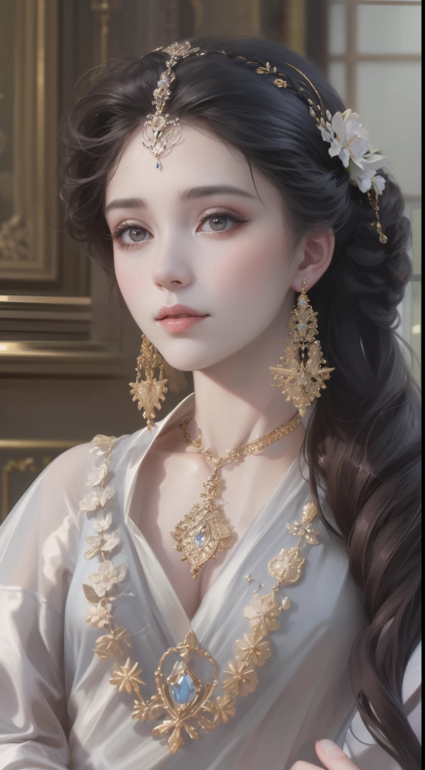 tmasterpiece，Highest high resolution，Beautiful bust of a noble lady，Delicate black braided hair，Brown clear eyes，The hair is covered with beautiful and delicate floral craftsmanship, Crystal jewelry filigree，Ultra-detailed details，upscaled。Soft lighting