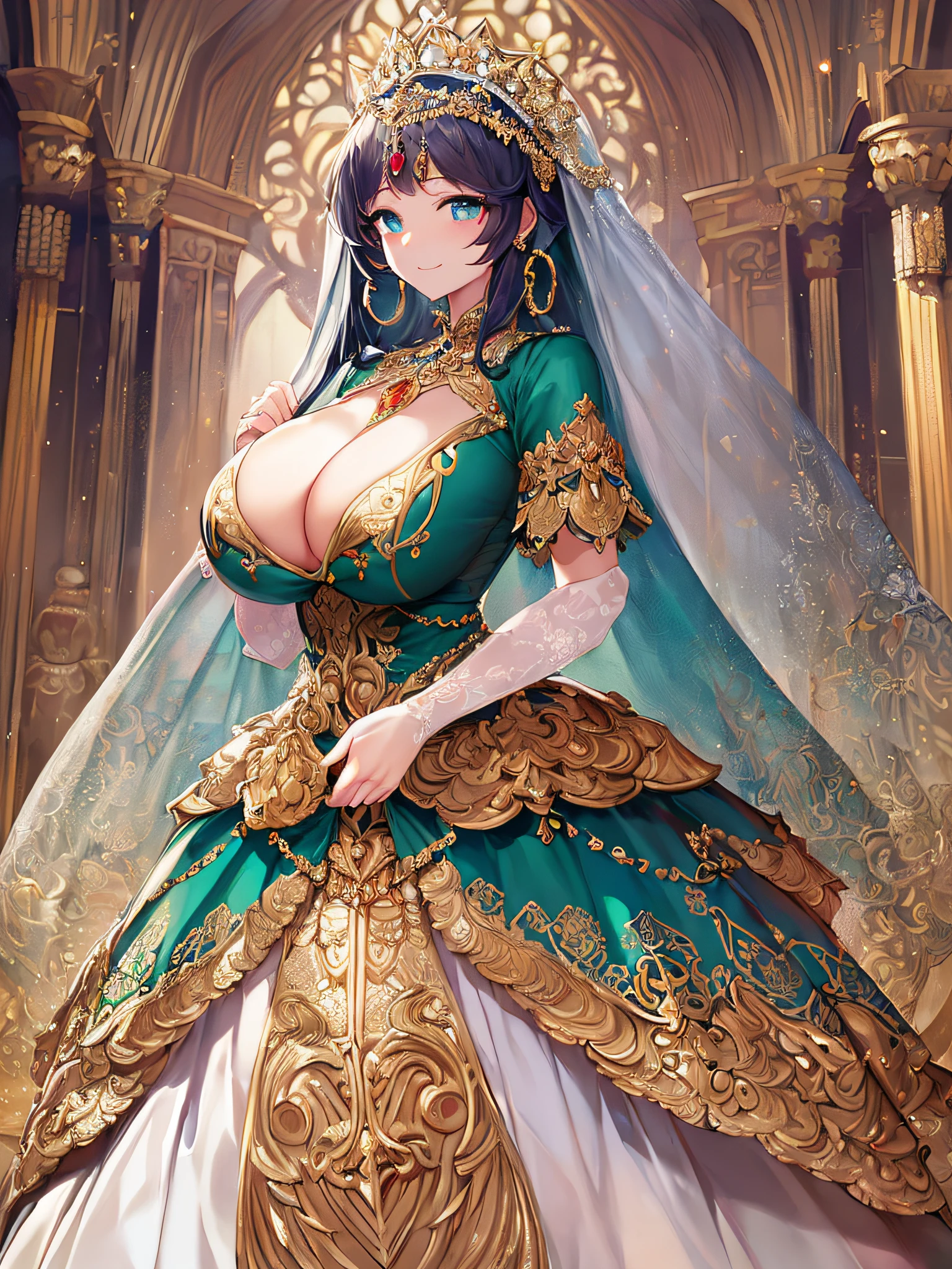 (anime artstyle),((Masterpiece,Best Quality,Super Detail,Very Delicate and Beautiful)),Solo,((full body,standing picture)),standing in the sacred cathedral,((Sacred atmosphere)),((1 holy princess in beautiful embroidery and jeweled gorgeous rococo ballgown dress with voluminous full length hoop skirt)),(crinoline),gorgeousfull embroidery,(gorgeous gemstone jewelry),(detailed face and eyes),jewel-like eyes,smile,((large amount of straight hair,extremely Long voluminous Hair)),Sacred Veil,((gigantic tits,Long tits,skindentation)),gorgeousfull embroidery,cleavage,extremely gorgeousfull hair ornament,(bling-bling extremely gorgeousfull jeweled tiara),gorgeous corsage,Stained glass,(Dynamic Angle),Looking at viewer,((full body)),((beautiful embroidery and jeweled gorgeous rococo ballgown dress with voluminous full length hoop skirt))