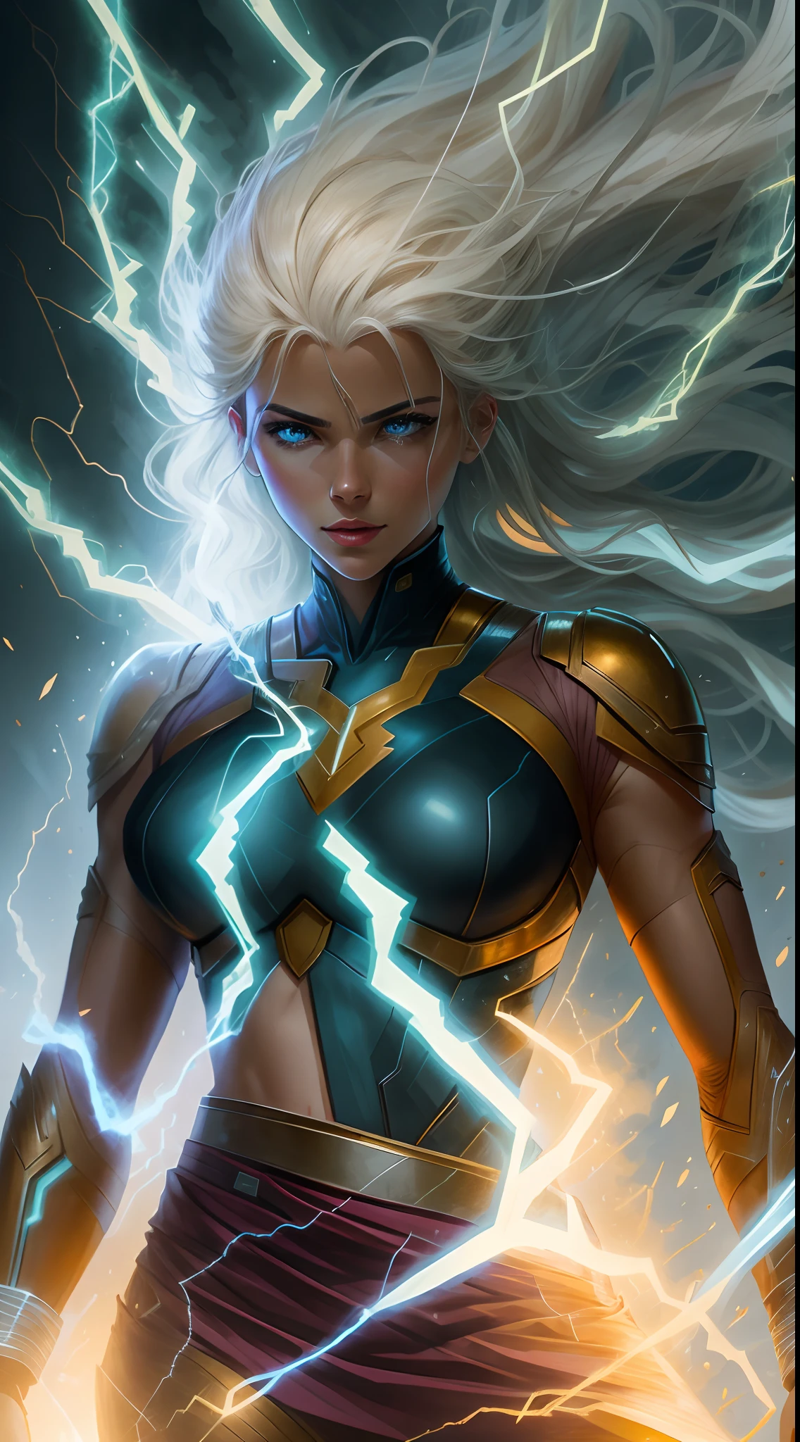 1Beautifulwoman， X-Men Storm, lightning in hand, a skirt,glowing light eyes