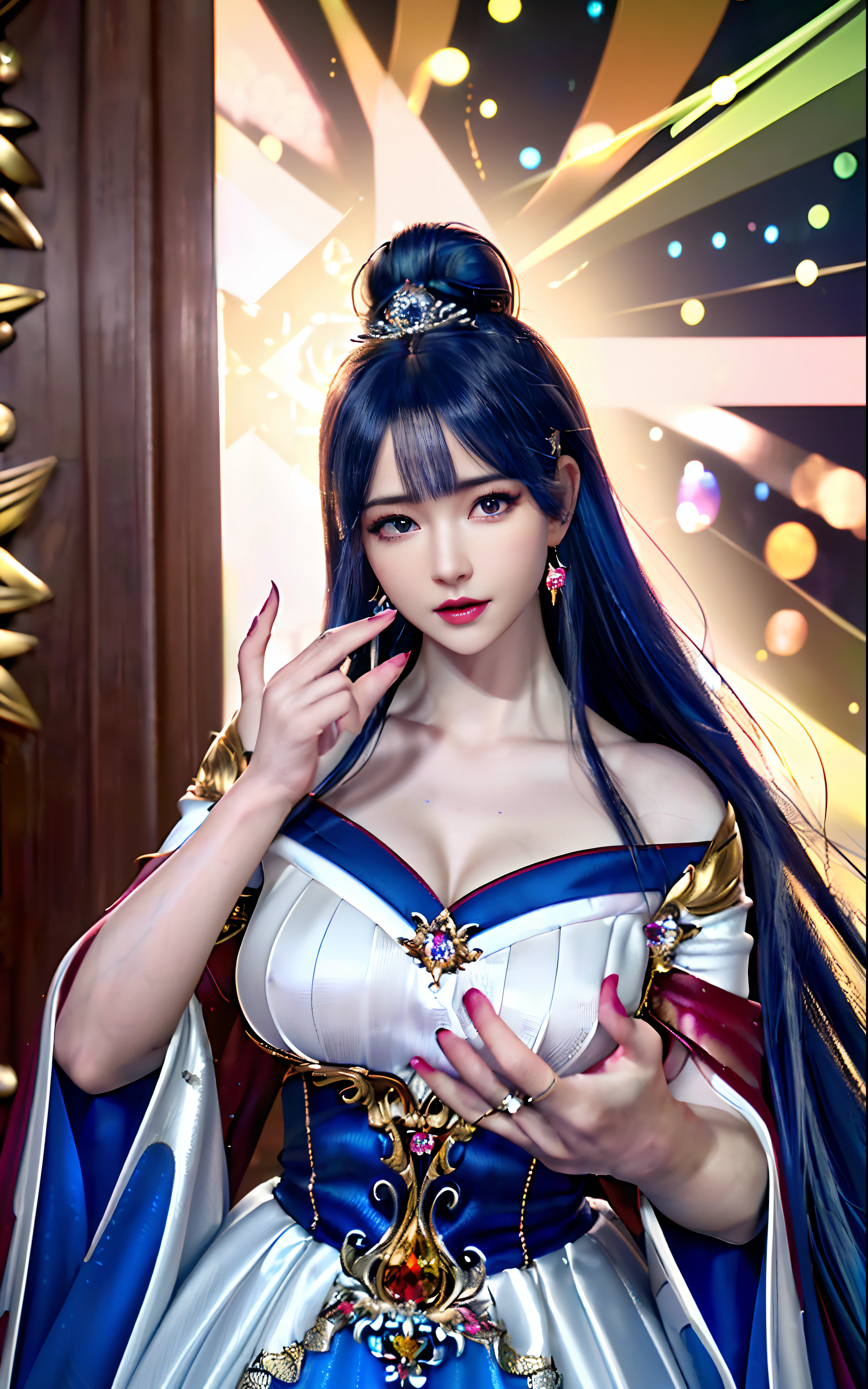 ((realisticity: 1.2)), ((realistic: 8K UHD)), ((best resolution: 8K UHD)), hyper detailed, best quality,masterpiece,highres,cg, ((1 girl hyper detailed and hyper realistic) ) , ((beautiful queen, hyper realistic and hyper detailed)),((white skin, beautiful, smooth, youthful, hyper realistic and hyper detailed )), ((Face hyper beautiful, white, hyper realistic and hyper detailed ) ), long hair, ((hyper realistic and hyper detailed dress)), solo, ((hyper realistic, hyper beautiful, beautiful and hyper detailed jewelry)), ((hyper beautiful deep red and golden yellow dress, hyper realistic and hyper detailed )) , ((Her pretty, hyper realistic, hyper detailed diamond filled earrings)), ((Her gorgeous diamond haircut, hyper realistic and hyper detailed)), ((hyper pretty upper body, hyper beautiful, hyper realistic and hyper detailed) ), ((medium breast: 1.1)), ((hyper realistic, hyper pretty, hyper detailed boobs)), ((the backgroun of the royal palace is hyper majestic, hyper realistic and hyper detailed)),((hands and palms hyper beautiful, hyper detailed, hyper realistic)), ((hyper detailed and hyper realistic fingers and fingernails)), ((hyper pretty fingernails, hyper vivid, hyper detailed, hyper realistic)), ((thumb, index finger, middle finger, ring finger, little finger hyper vivid, hyper pretty, hyper detailed, hyper realistic)),
((hyper beautiful fingers, hyper detailed, and hyper realistic)), ((posture not too fat and not too thin, hyper realistic, hyper detail)), ((hyper pretty, hyper pretty, hyper realistic and hyper detailed hair bun)), ((hyper pretty , hyper realistic and hyper detailed blue hair)), candid, Photo, high resolution, 8k , bokeh,