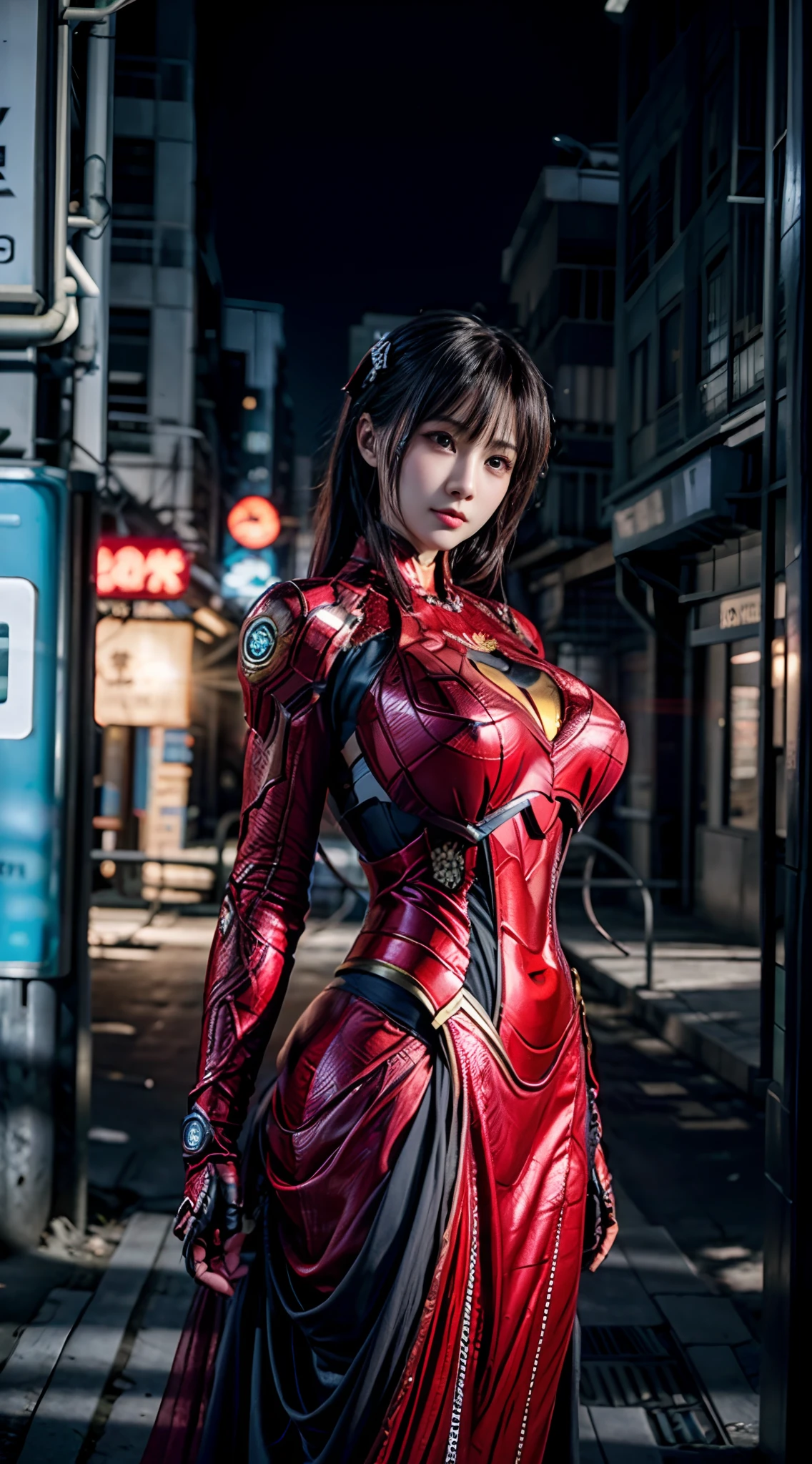 8K,realisticlying,Glamorous,The is very detailed,A 20-year-old girl, a sexy and charming woman, inspired by Iron Man,(((huge tit))),Wearing a shiny Iron Man mech,(((huge tit)))。She dresses to show sexiness and confidence,(((huge tit))),It perfectly interprets the power and charm of Iron Man,(((huge tit)))。Abandoned warehouse as background,It creates a unique atmosphere,Highlight her bravery and perseverance。Buildings、Small building on the street,Exudes cyberpunk charm,The glow of neon lights outlines the city,It brings out the great power and personality of Iron Man。This one is high definition、High-quality images will give you a stunning visual enjoyment,Will be sexy、Futuristic and sci-fi elements are a perfect combination。oc rendered,dramatic lights,Award-winning quality