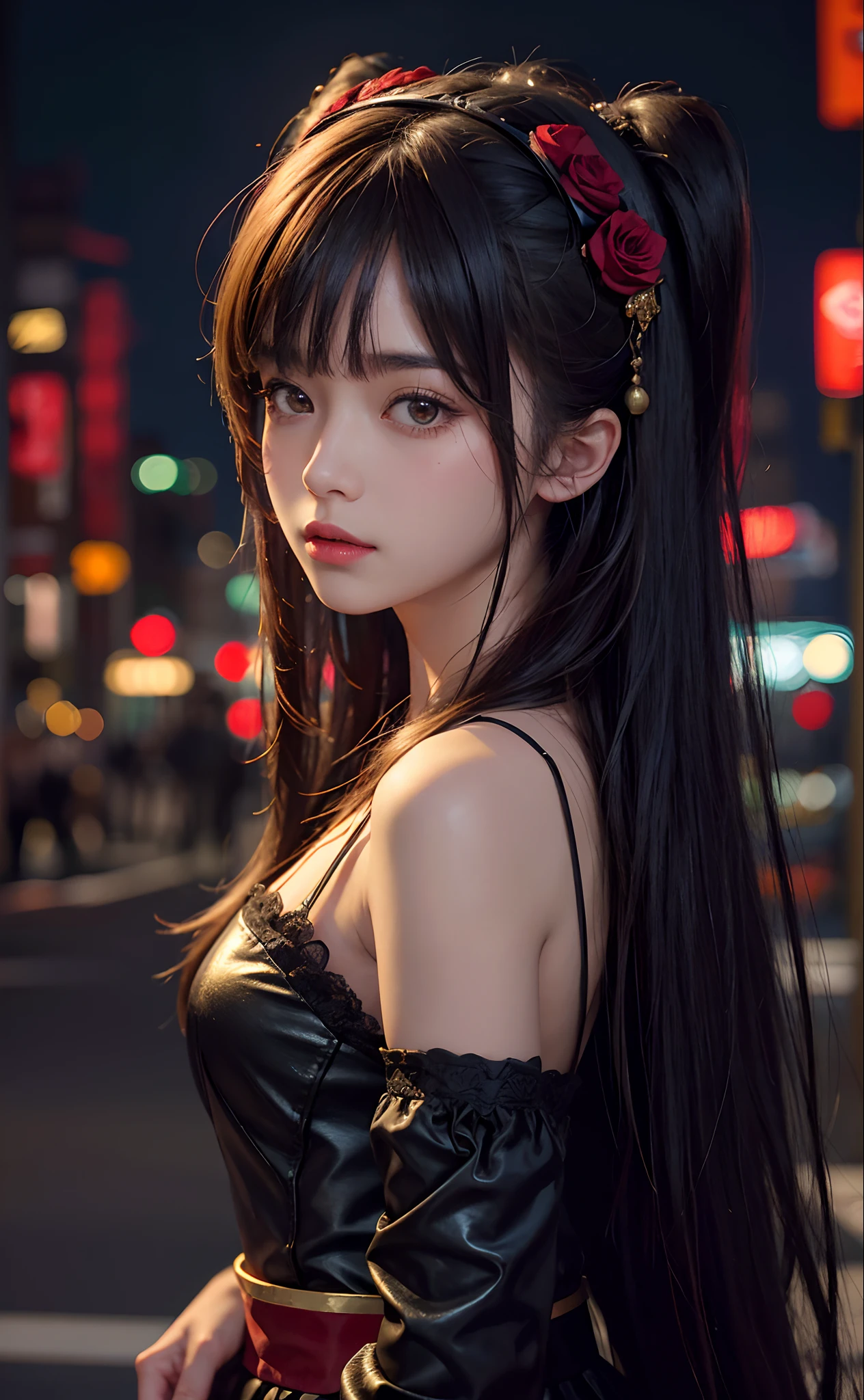 1girl, Tokyo street,night, cityscape,city lights, upper body,close-up, 8k, RAW photo, best quality, masterpiece,realistic, photo-realistic,headgear of red rose, parted bangs, long hair,