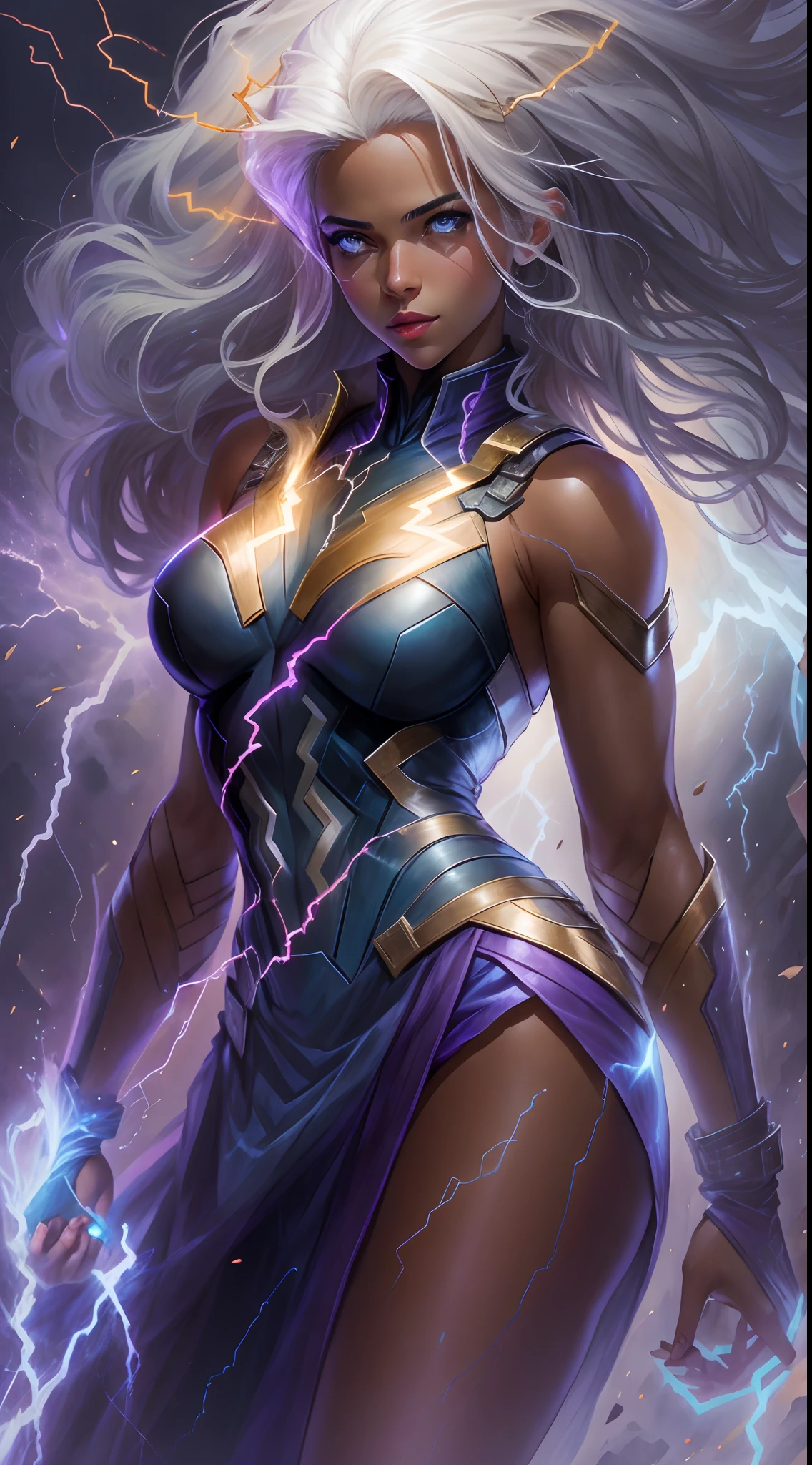 1Beautifulwoman， X-Men Storm, lightning in hand, a skirt,glowing light eyes