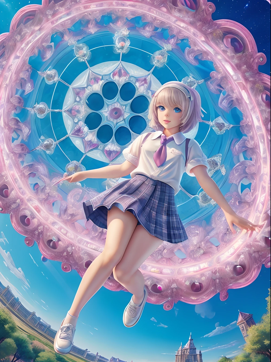 (Best Quality, Masterpiece: 1.1), (Realistic: 1.4), Beautiful  schoolgirl is riding on the pink octopus, god ray, teen, silver short hair, blue eyes, full body, from below, hourglass body shape, flying over the park, crystallineAI, fractal art, splash