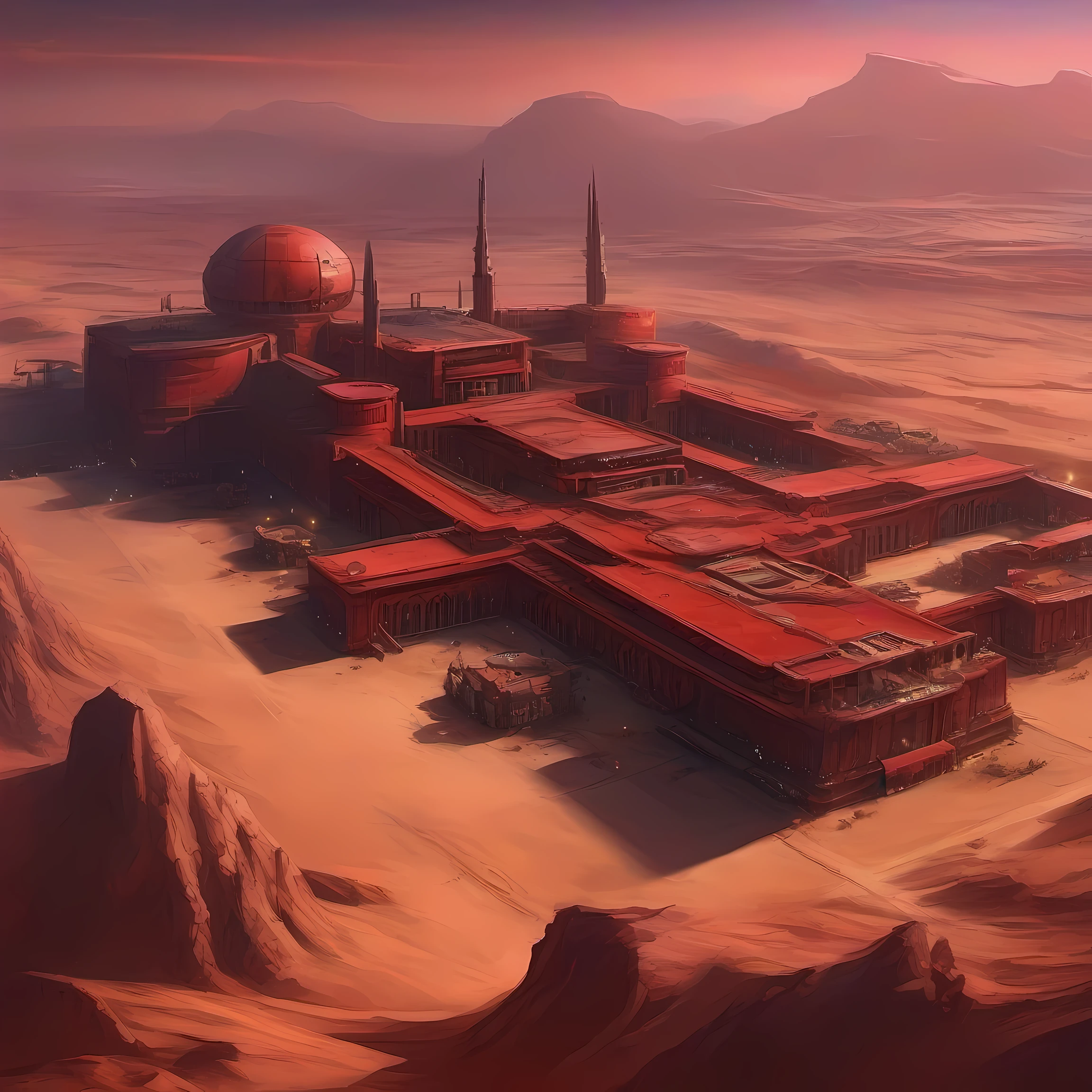 Huge military base，overlooks，A desert，Extensive，Incredibly refined，the night，red colour