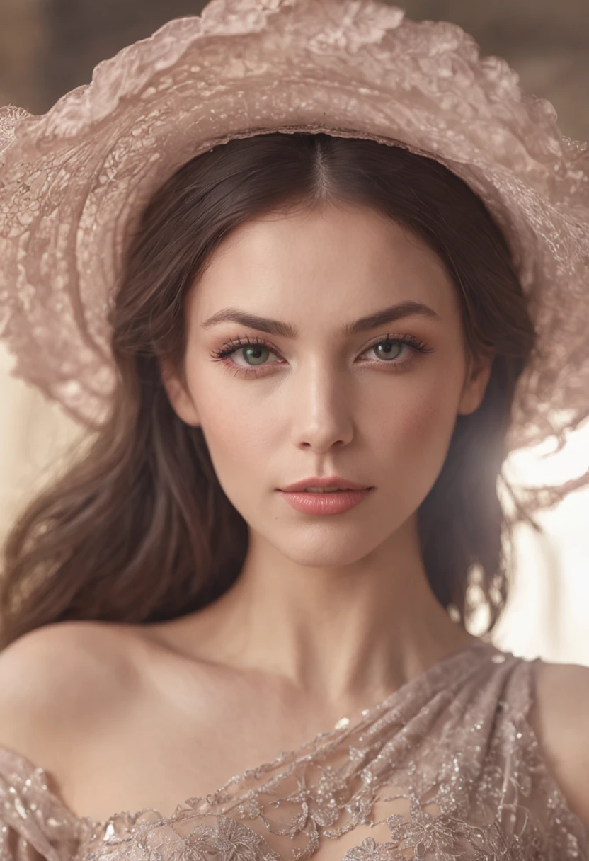 Photorealistic head-to-toe image of a gorgeous brunette woman wearing a tight formal gala-dress and a large fedora, Colorants naturels, pose dynamique, Kinematic image, —Niji 5 — Expressive style Textured detail Gorgeous face, detailed skin, Looking with purple eyes on camera, Rendu octane, Hdr, couvrir, unzoom, luminisme, Bar lighting, complexe, 8k Resolution Portrait Bioluminescens Fractal Isometry Details : Stunning realistic photography. Epic sci-fi heroine fantasy, Femme fatale, Tomer hanuka, Victor Mosquera, jean giraud moebius
