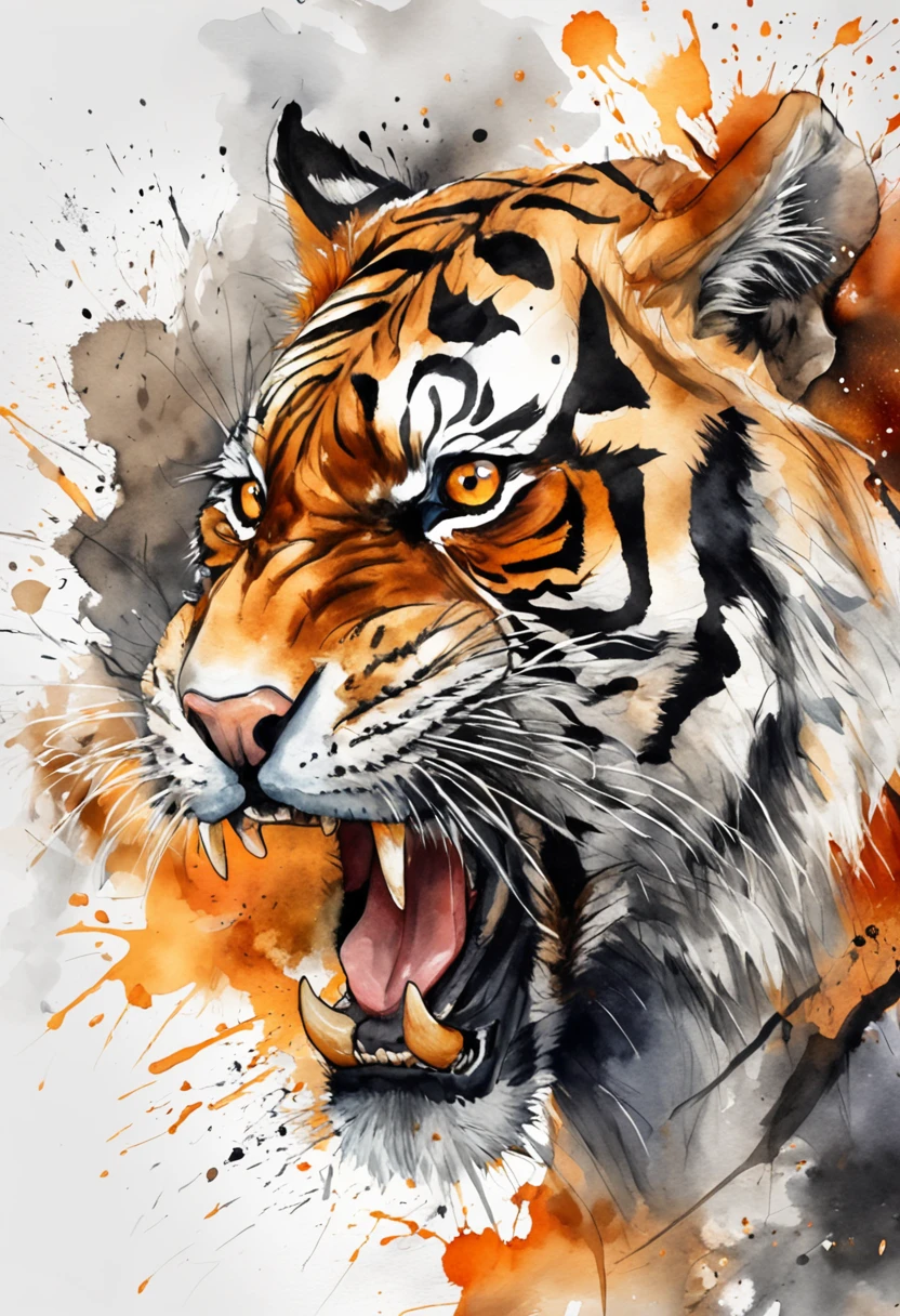 Black and gray realistic tattoo art of tiger with (((orange eyes))) with ink splatter sketch effect ,he is with open mouth looking very fierce and angry