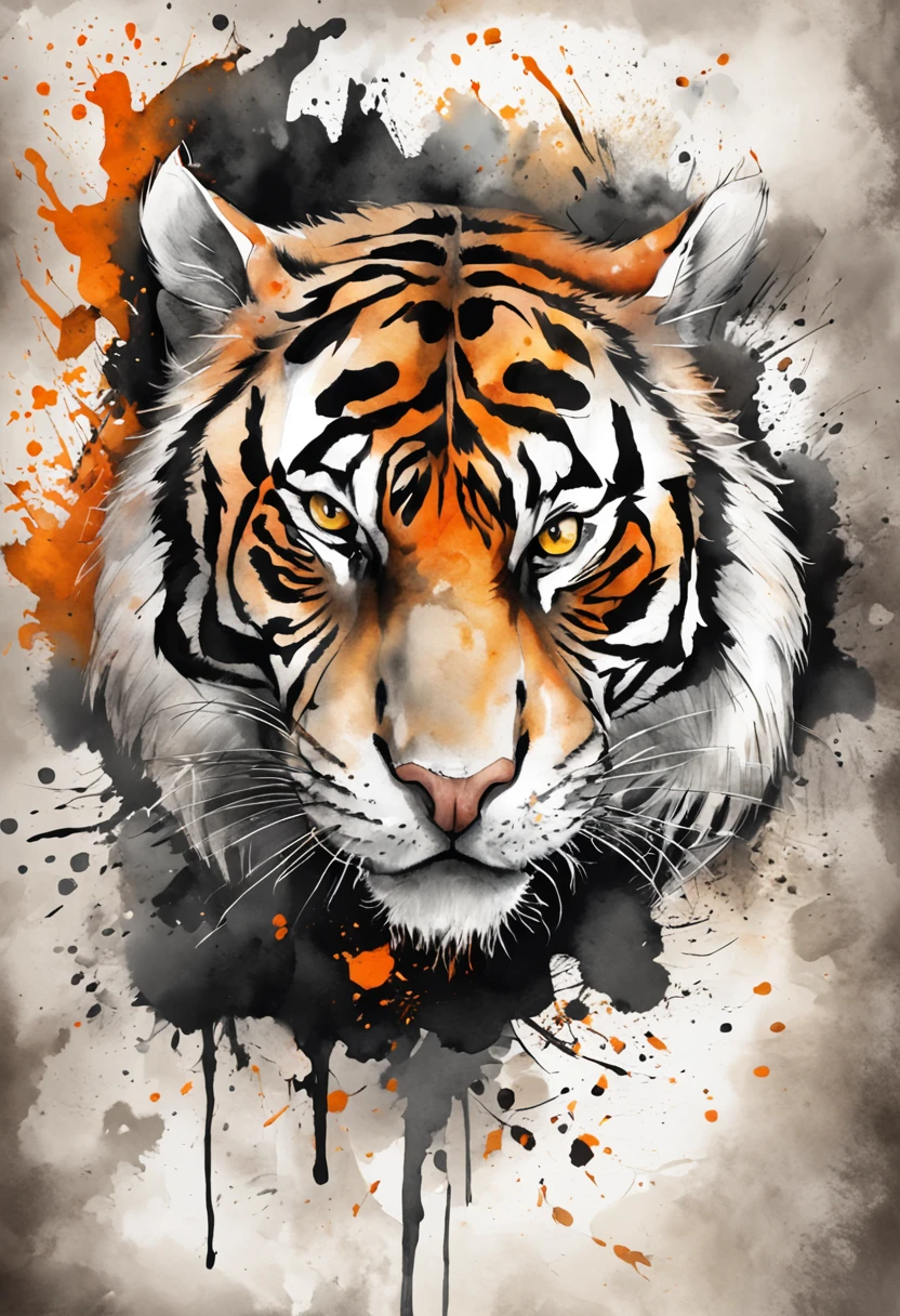 Black and gray realistic tattoo art of tiger with (((orange eyes))) with ink splatter sketch effect ,he is with open mouth looking very fierce and angry