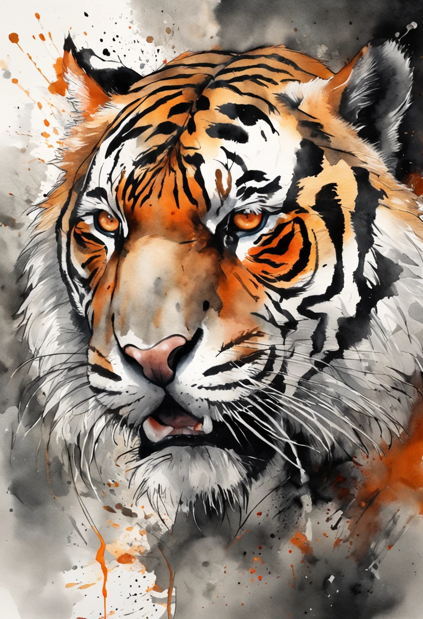 Black and gray realistic tattoo art of tiger with (((orange eyes))) with ink splatter sketch effect ,he is with open mouth looking very fierce and angry