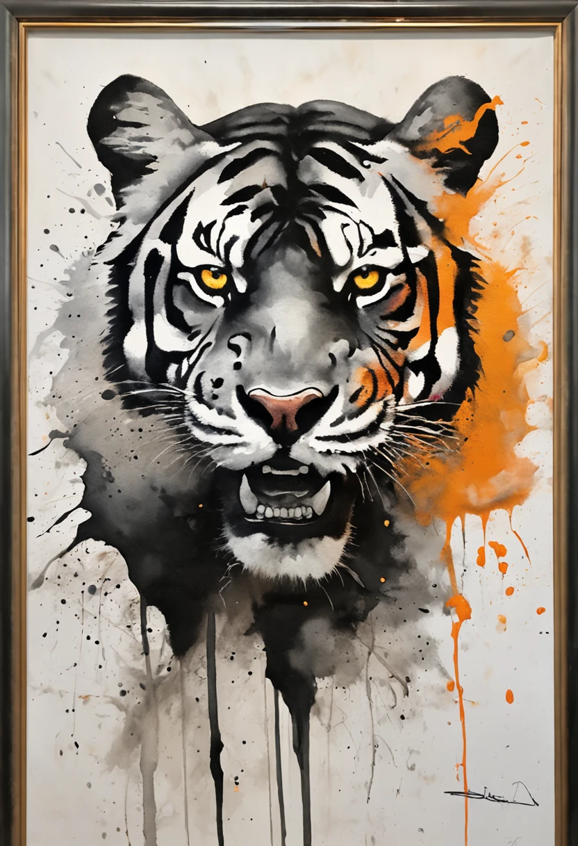 Black and gray realistic tattoo art of tiger with (((orange eyes))) with ink splatter sketch effect ,he is with open mouth looking very fierce and angry