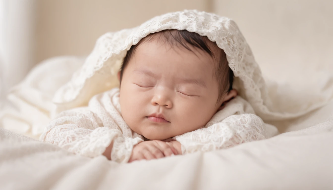 1 month old baby with fluffy jumpsuit, linen jumpsuit, female baby, white, pink cheeks, hairy