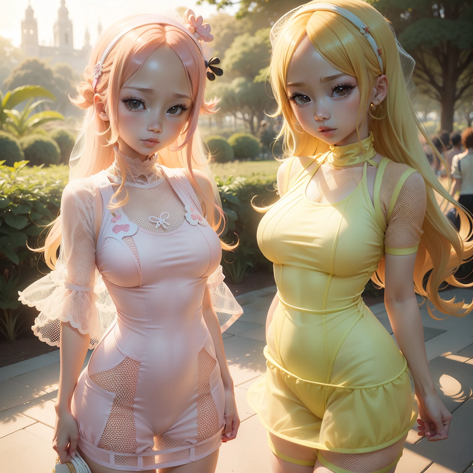 Cute  Chibi Anime, Yellow long hair,Babyk Gradation of (Mesh One Piece Dress:1.3) Sexy, Fashionable,gals, offensive,Royal Botanic Gardens.