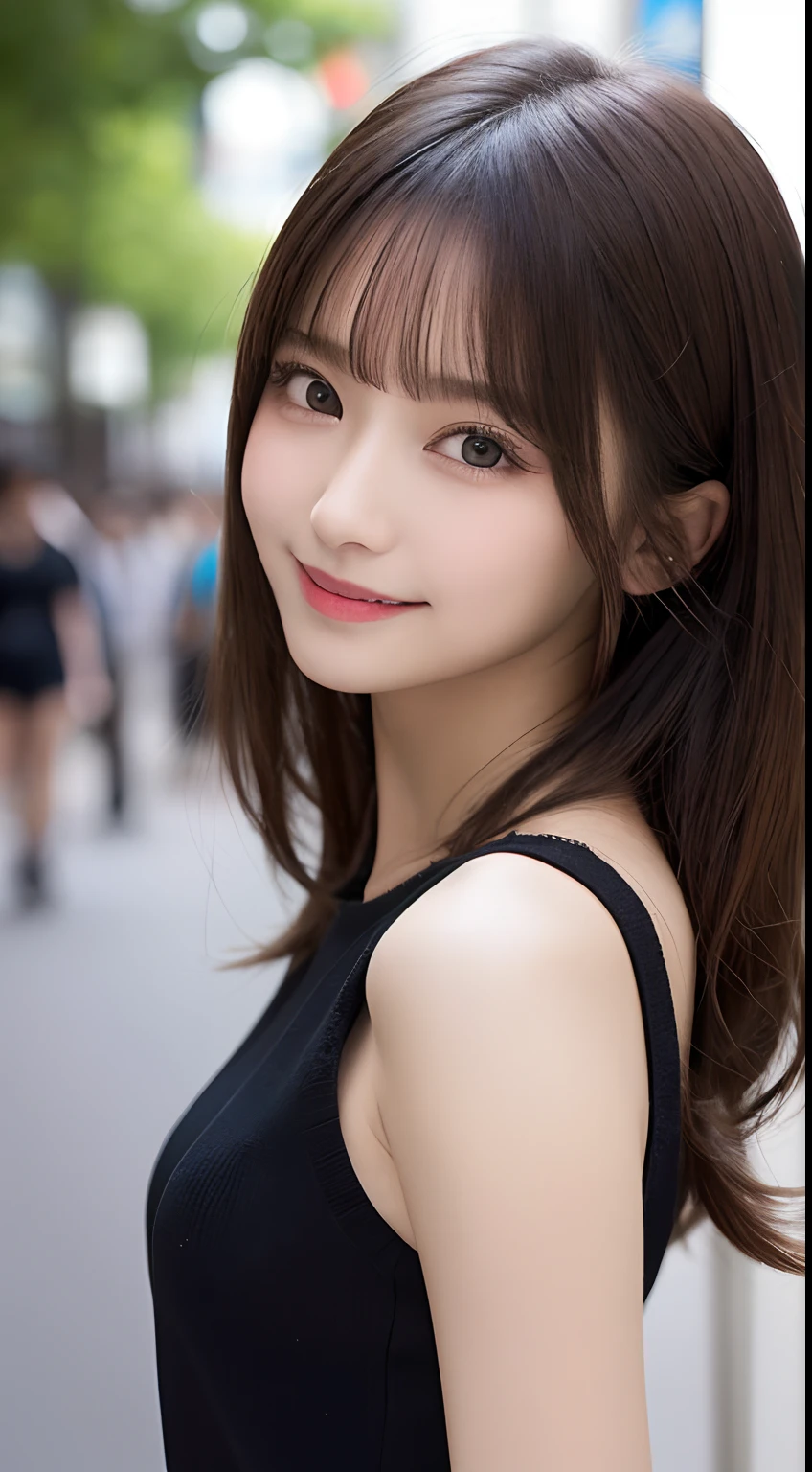 masutepiece, Best Quality, Illustration, Ultra-detailed, finely detail, hight resolution, 8K Wallpaper, Perfect dynamic composition, Beautiful detailed eyes, Women's Fashion Summer,Medium Hair,Small breasts natural color lip, Bold sexy poses,Smile,Harajuku、20 years girl、Cute、Sexy shot looking at camera