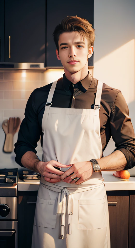 ((men only)), (Cowboy erschossen), (Handsome muscular man in golden apron in the kitchen), mischievous smile, (Details: 1 in 1), Natural musculature, High quality, gorgeous eyes, (detailliertes Gesicht und Augen), (Gesicht、: 1 / 2), Noise, Echte Photographie、... .....................................................................................PSD, Scharfer Fokus, High Resolution 8K, Realistisch & Professionelle Fotografie, 8K UHD, Sanftes Licht, High quality, Filmkorn, FujifilmXT3